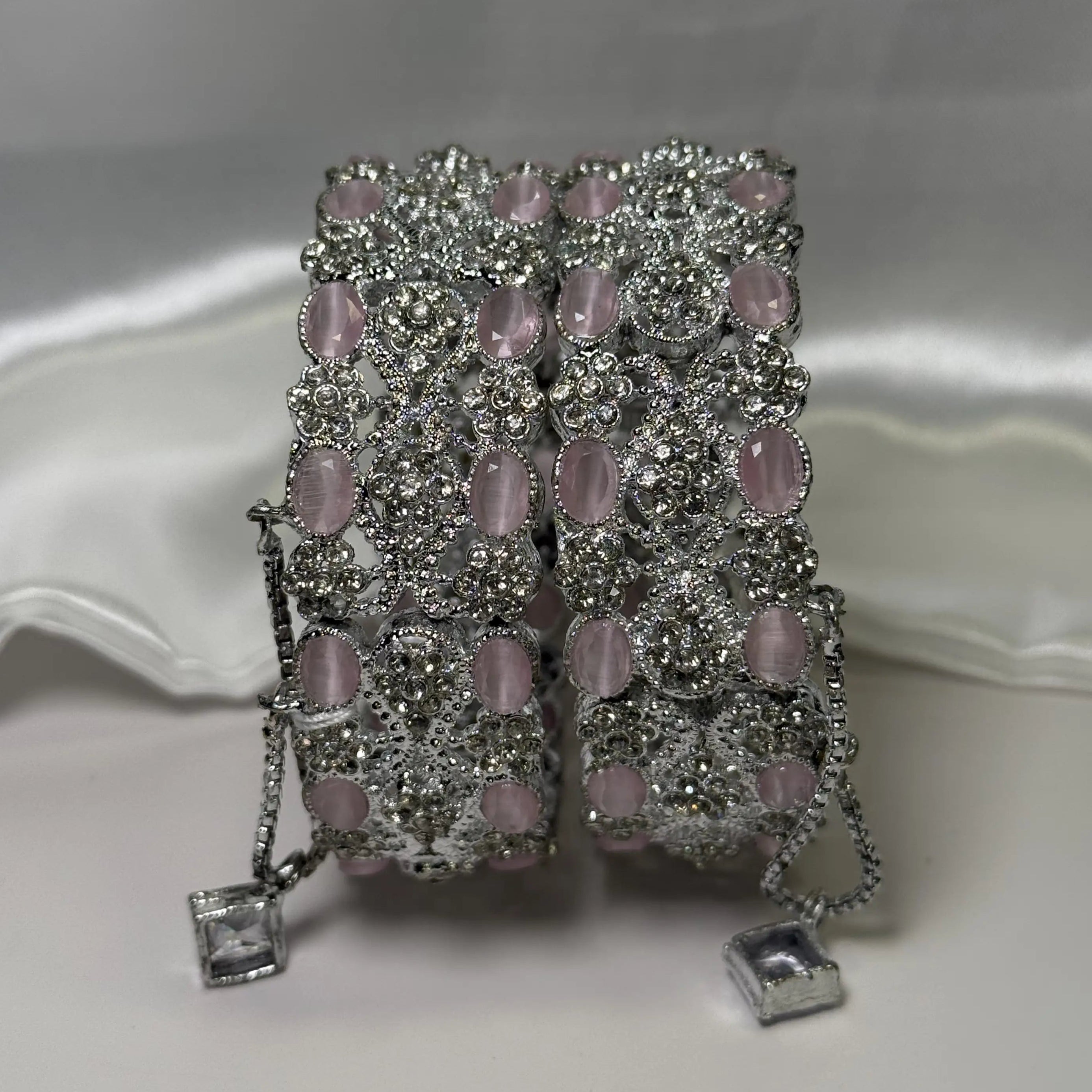 Openable silver bridal bangles with CZ and soft pink stones