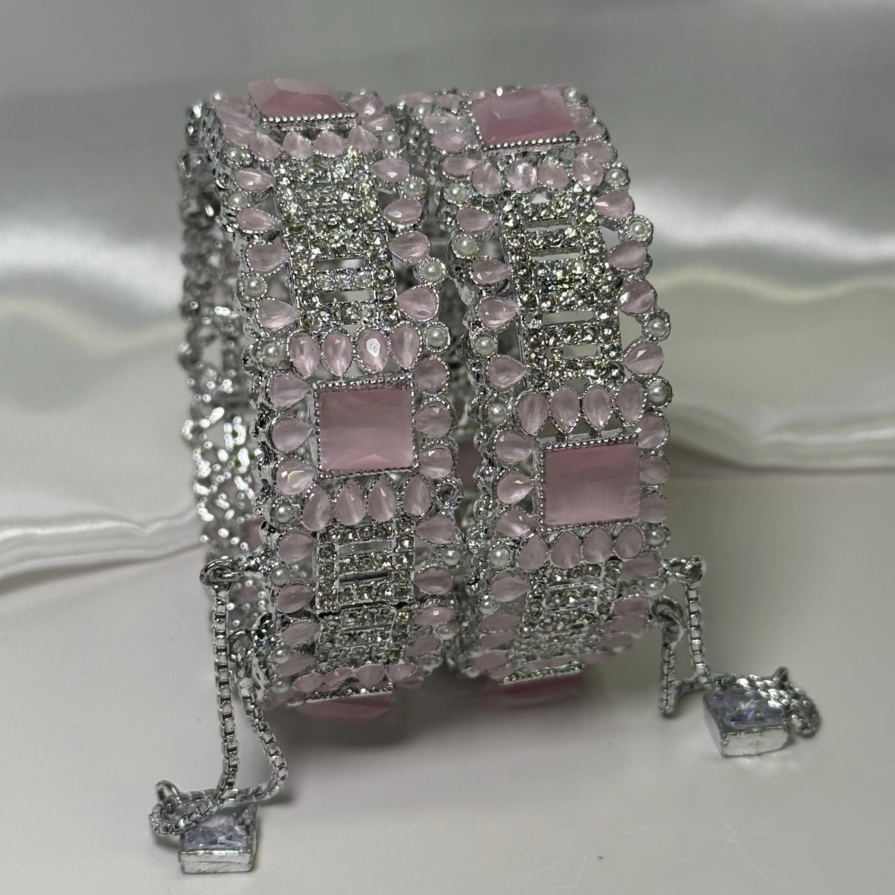 JV3006 silver bangles with pink square stones and CZ crystals