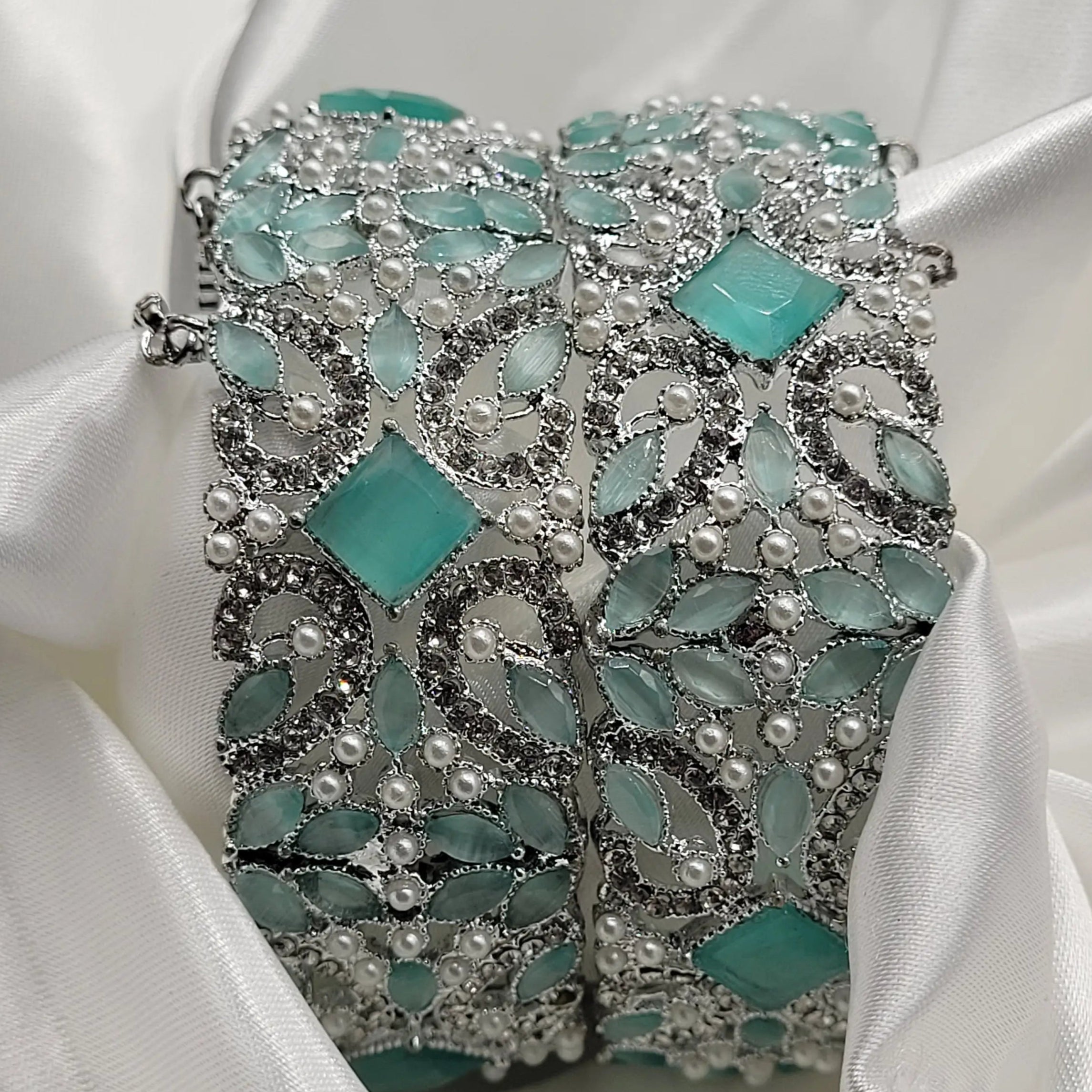 JV3007 teal stone bangles with pearls and silver finish