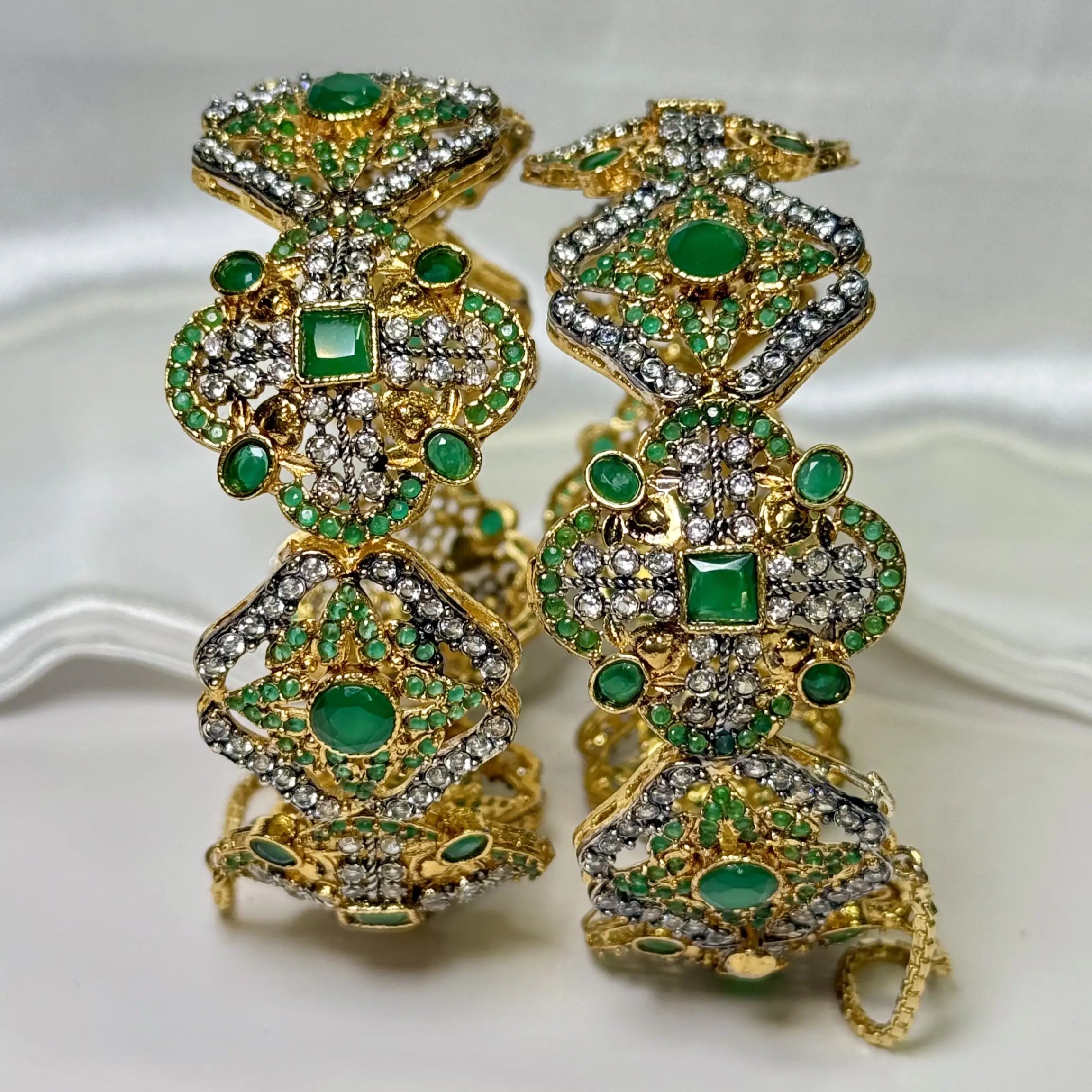 Traditional openable green and gold bangles handcrafted in Pakistani style