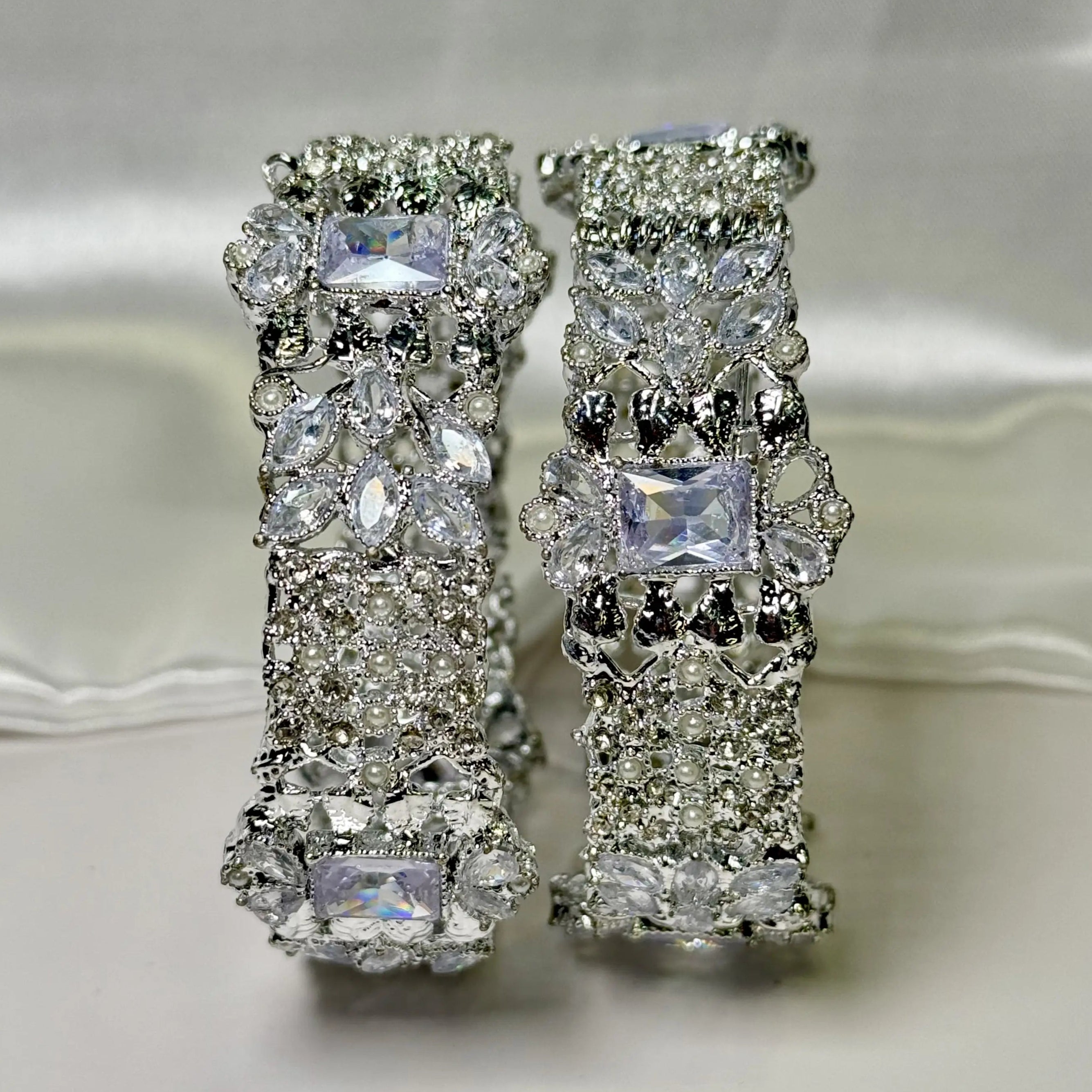 Pakistani openable bangles in silver finish with marquise and round CZ stones