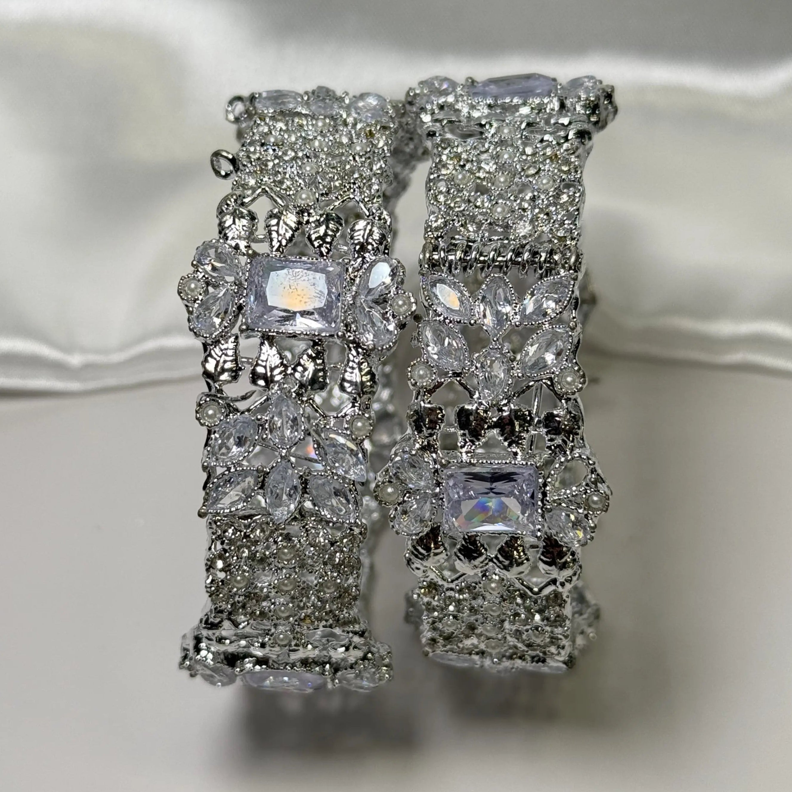 Sparkling CZ bridal bangles in rhodium silver tone – JV3009 design