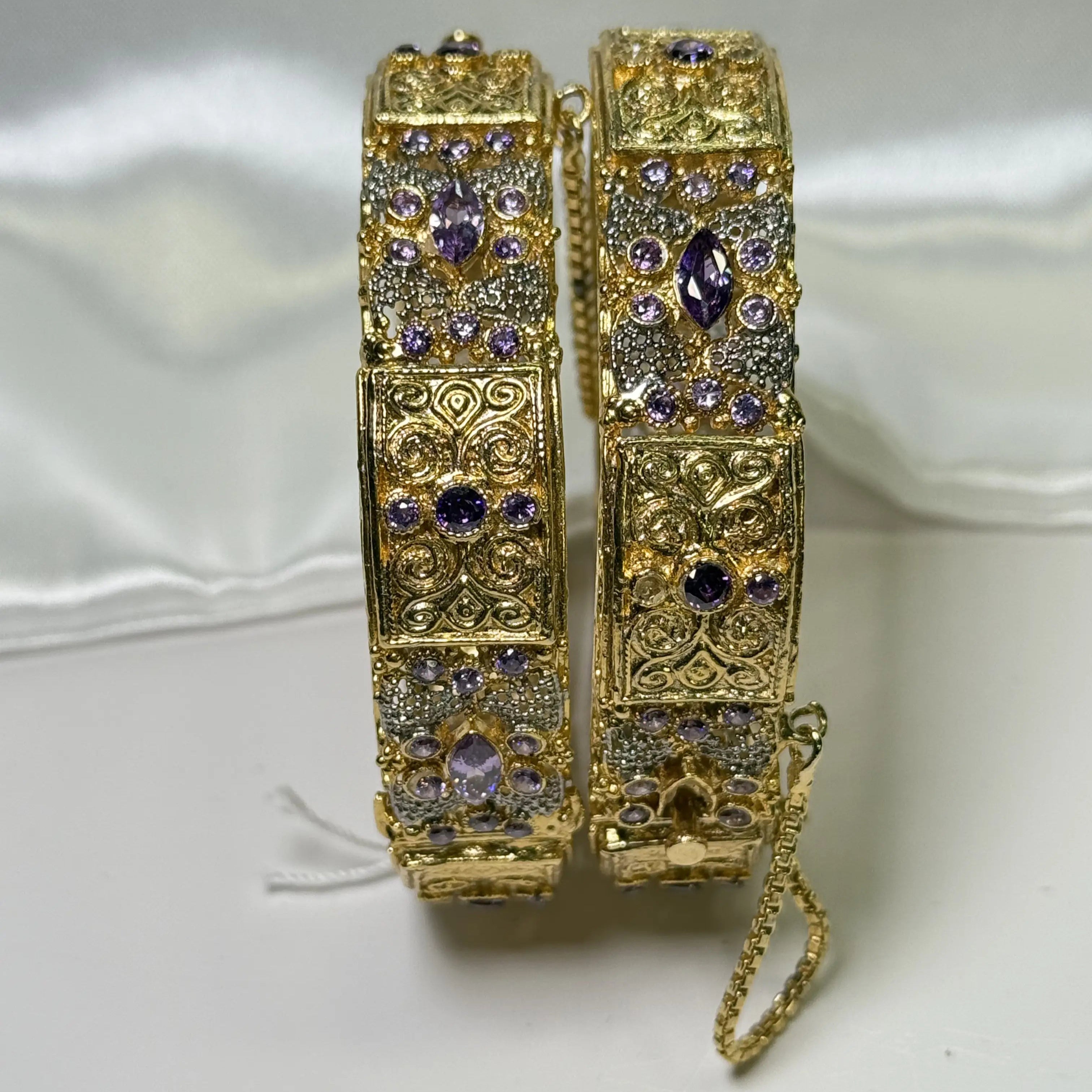 JV3010 gold bangles with purple CZ stones and intricate filigree