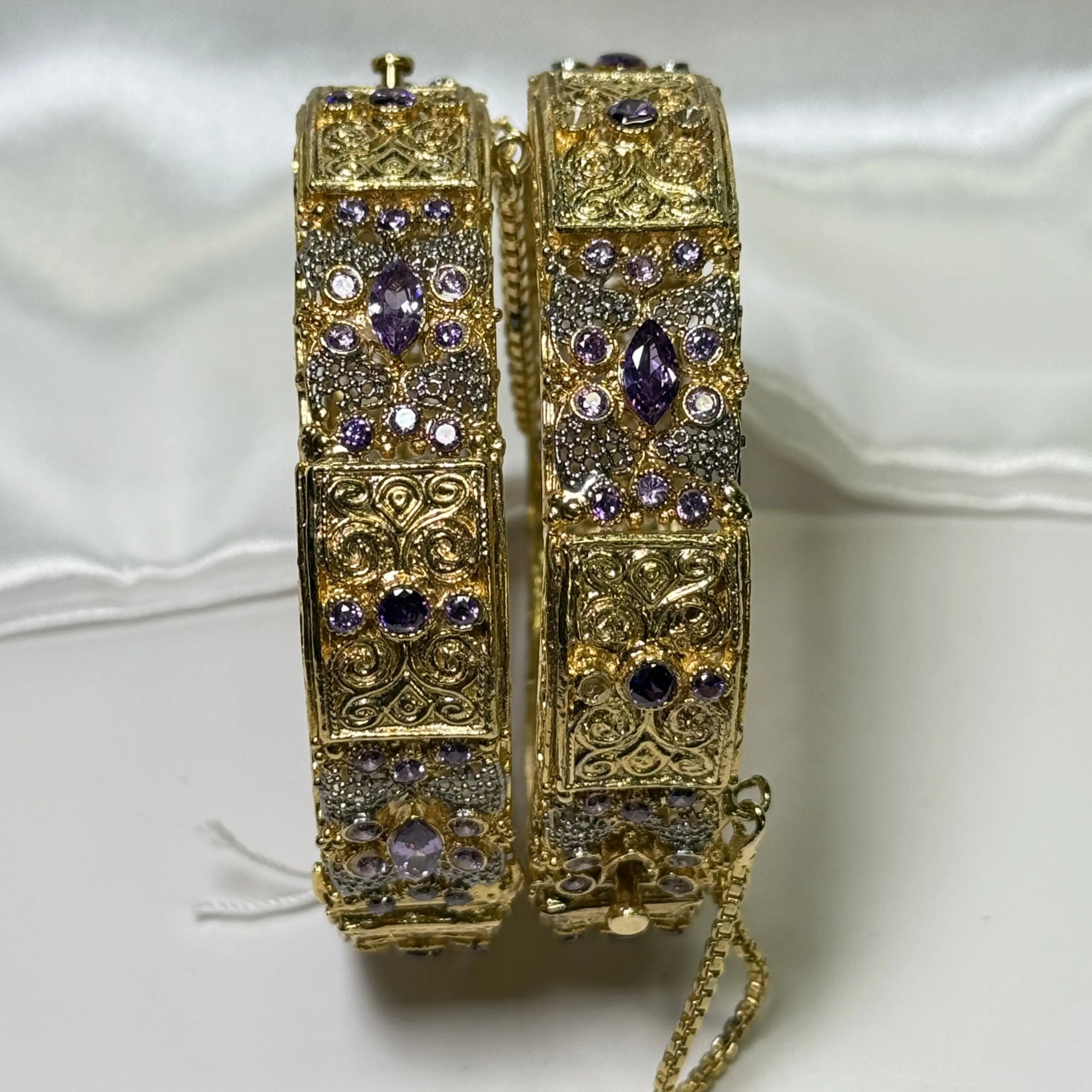 Pakistani openable bridal bangles in gold tone with purple stones