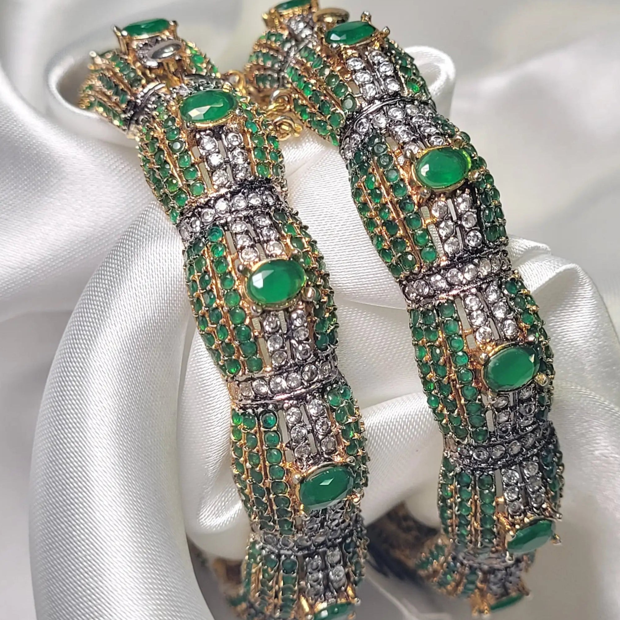 Openable green stone bangle with gold and oxidized silver finish – front angle