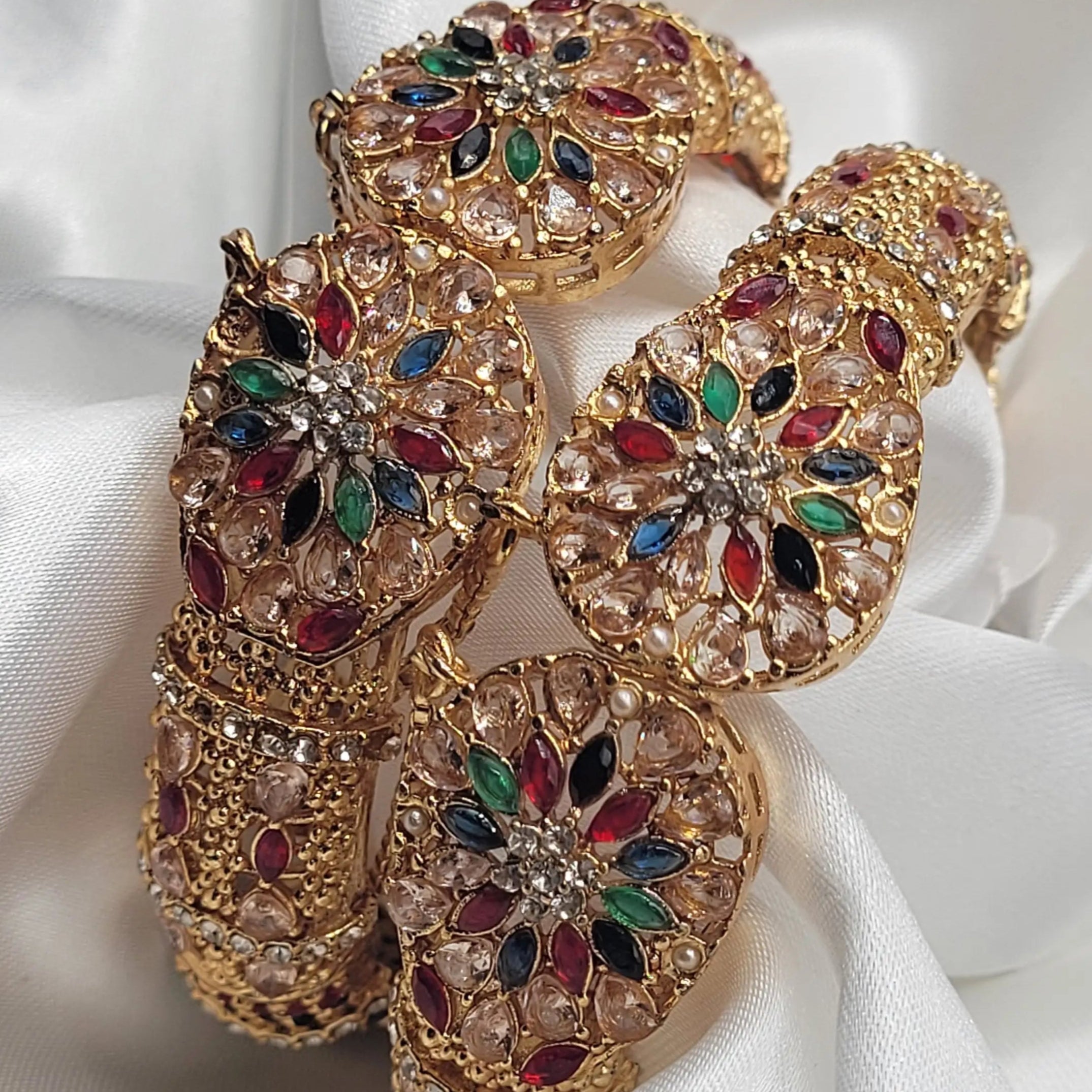 Intricate floral design multicolor bangles with CZ accents – close-up