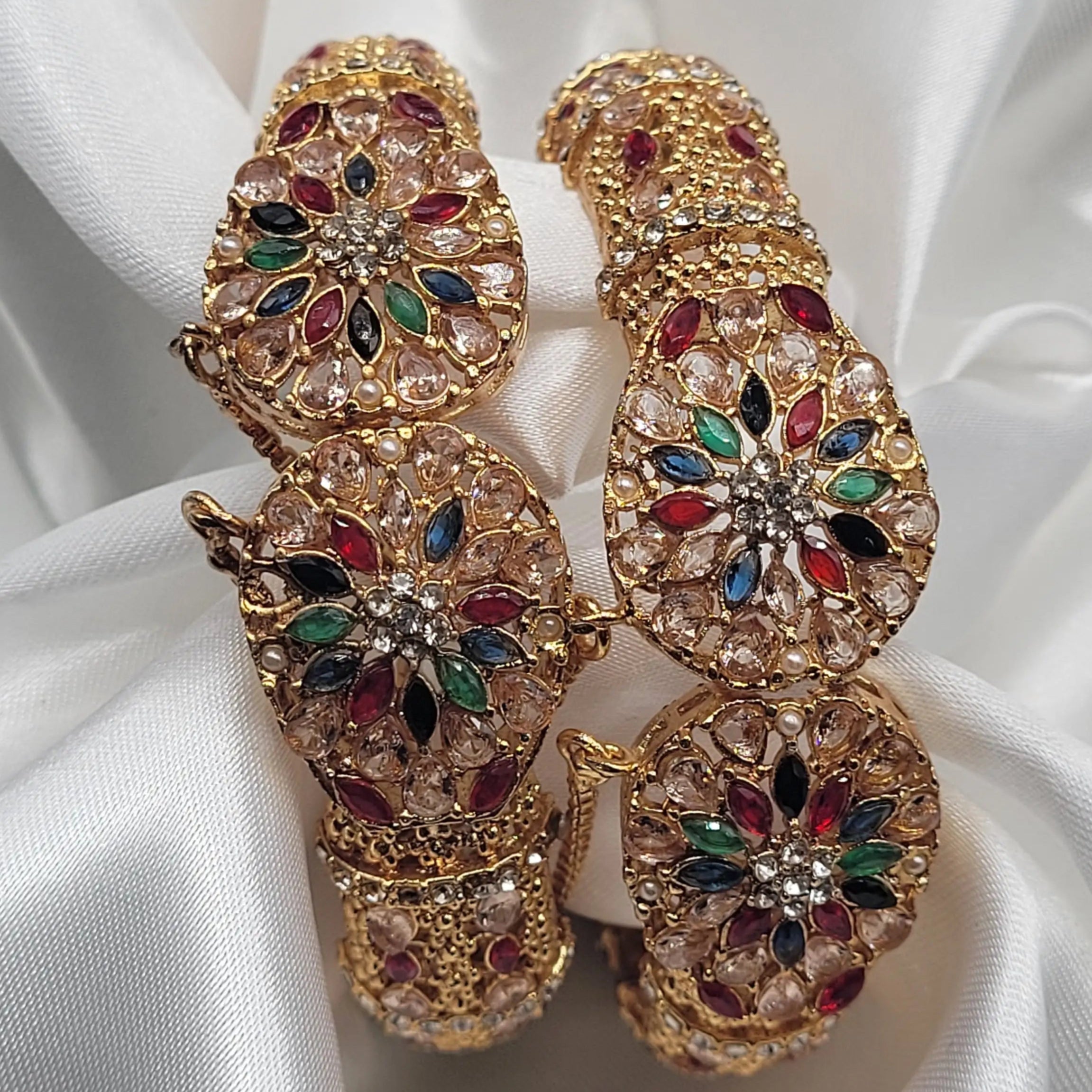 Traditional gold-finish bangles with multicolor stones – paired view