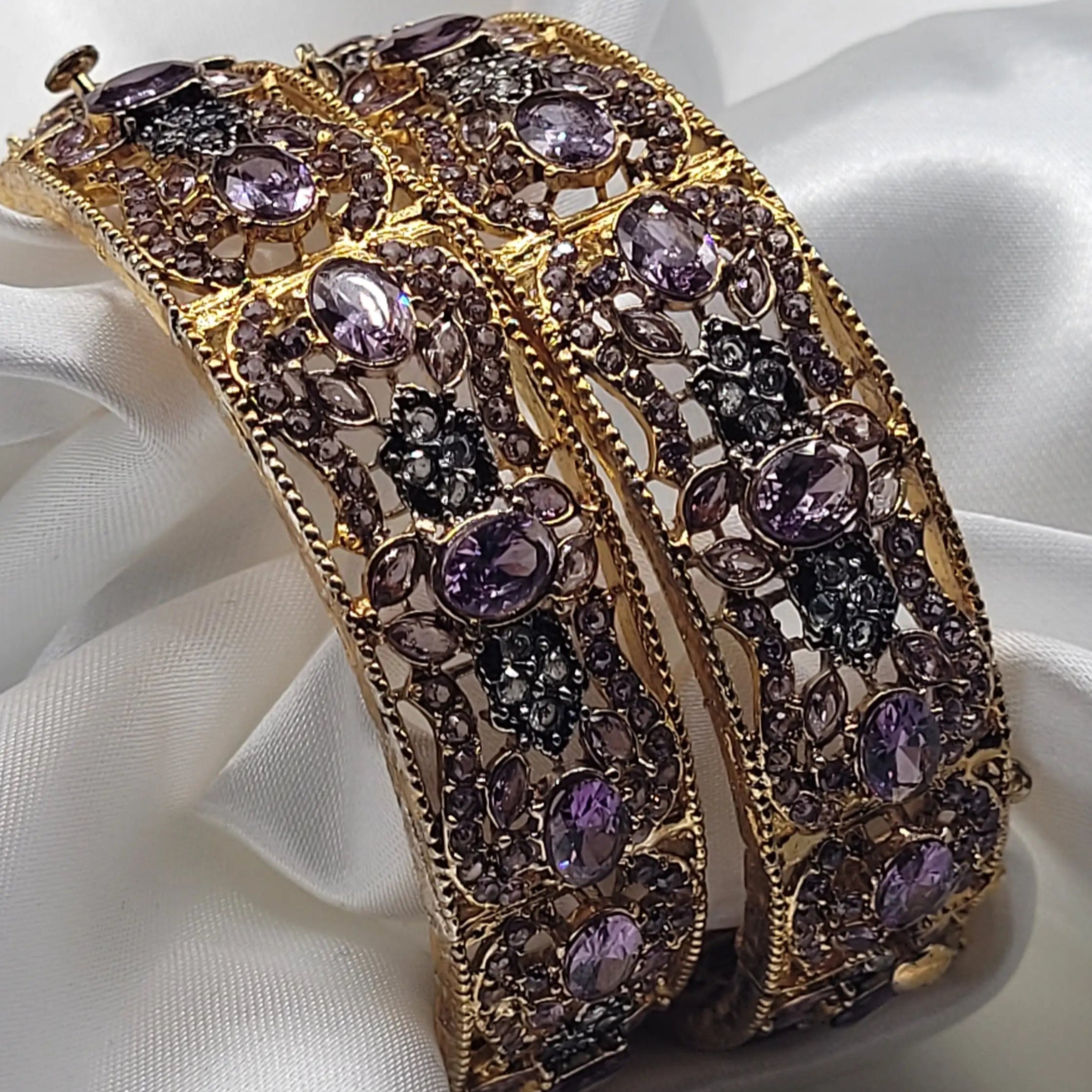 Ornate lavender bangles with CZ crystals and antique gold detailing