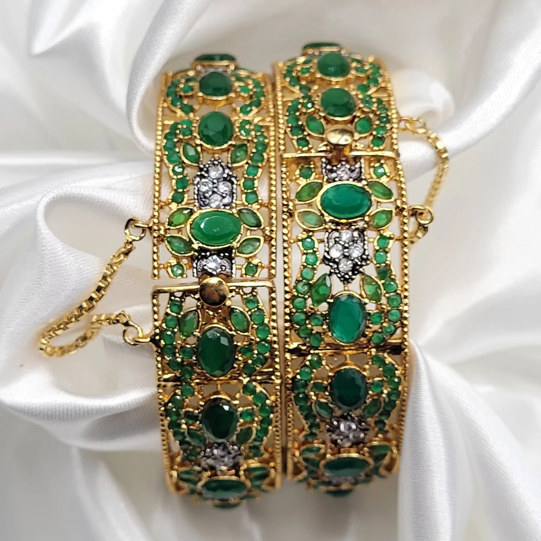 JV3015 green CZ bangles with oxidized accents and gold base