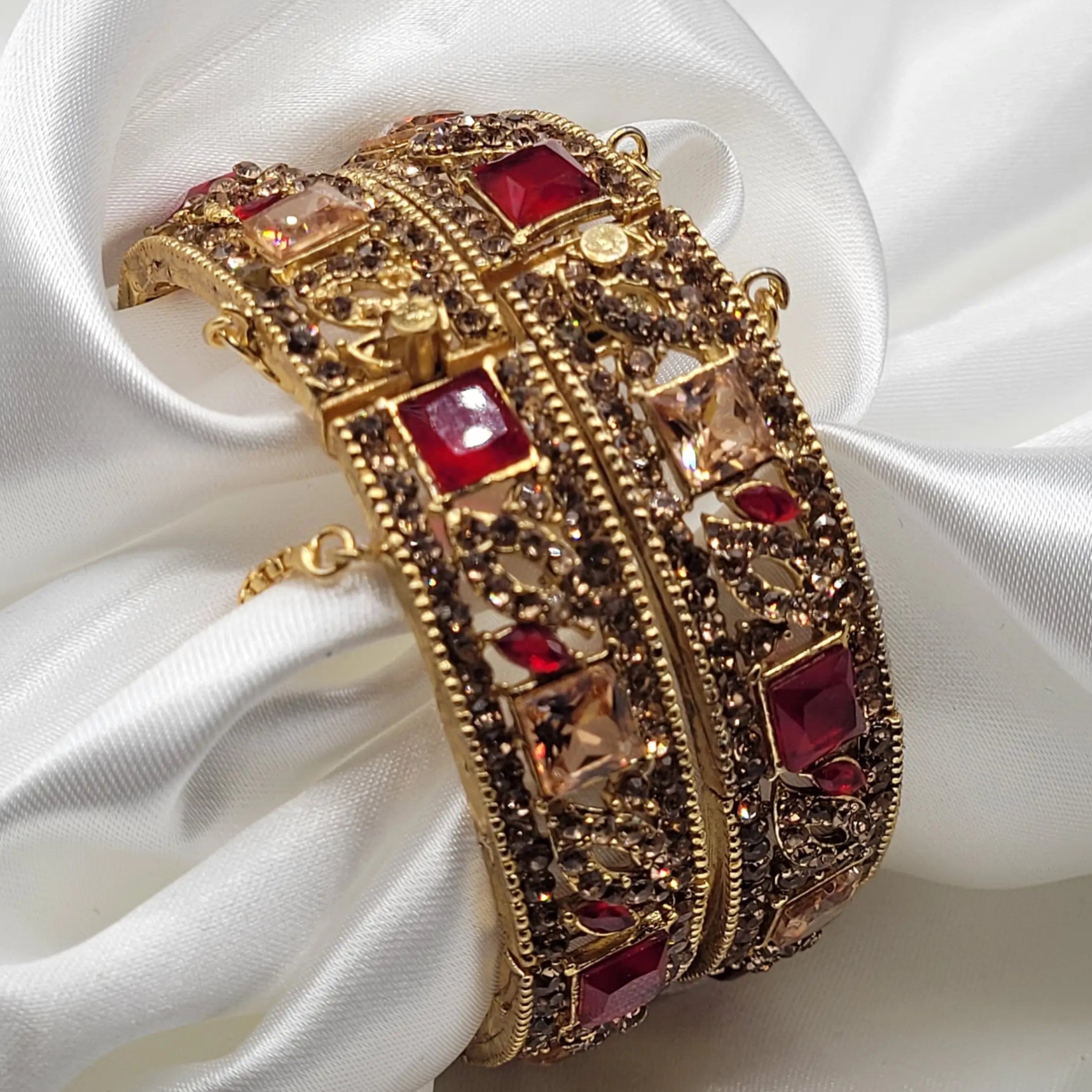 JV3016 red and champagne square-stone bangles with gold detailing