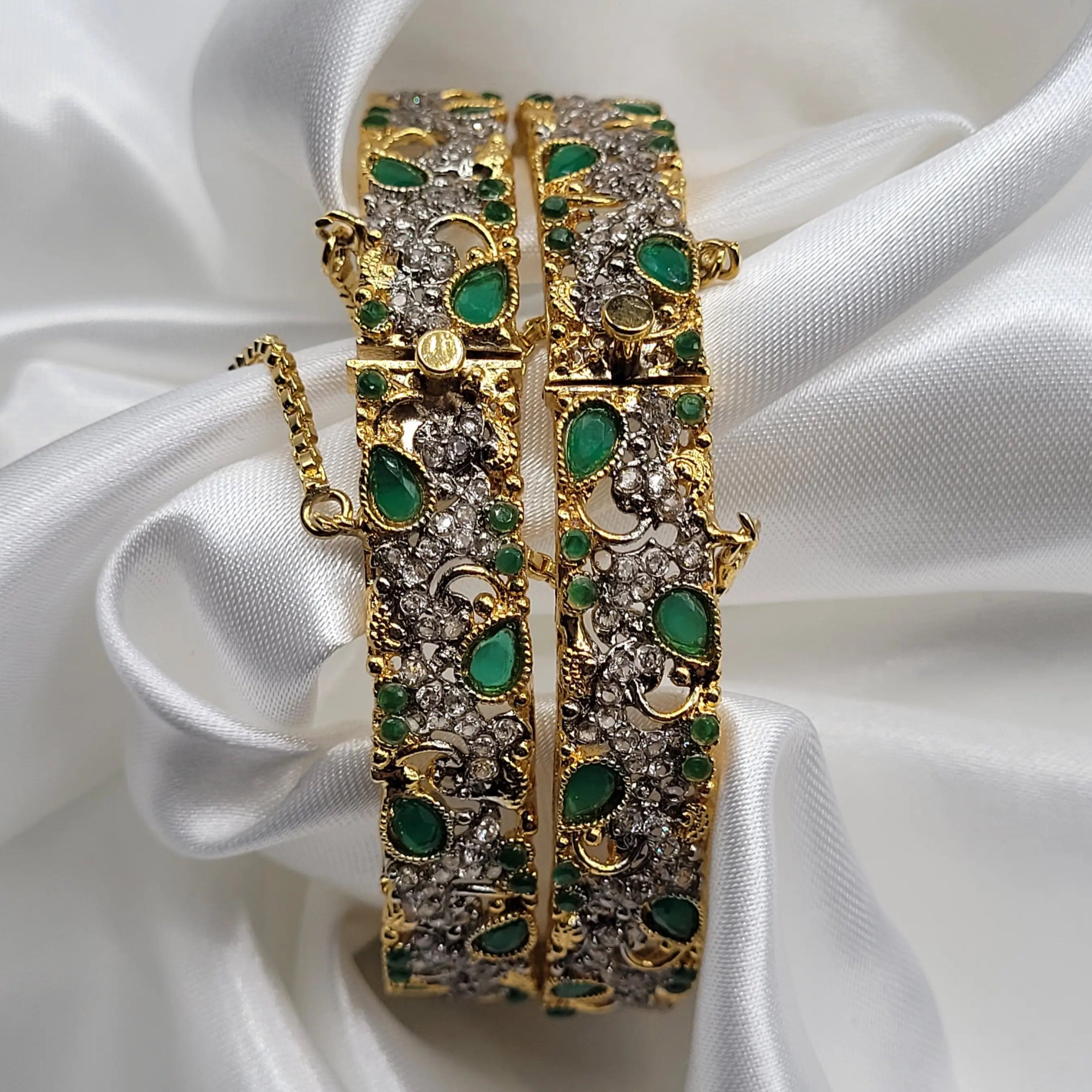 JV3018 green stone gold-toned bangles with CZ crystals – front view