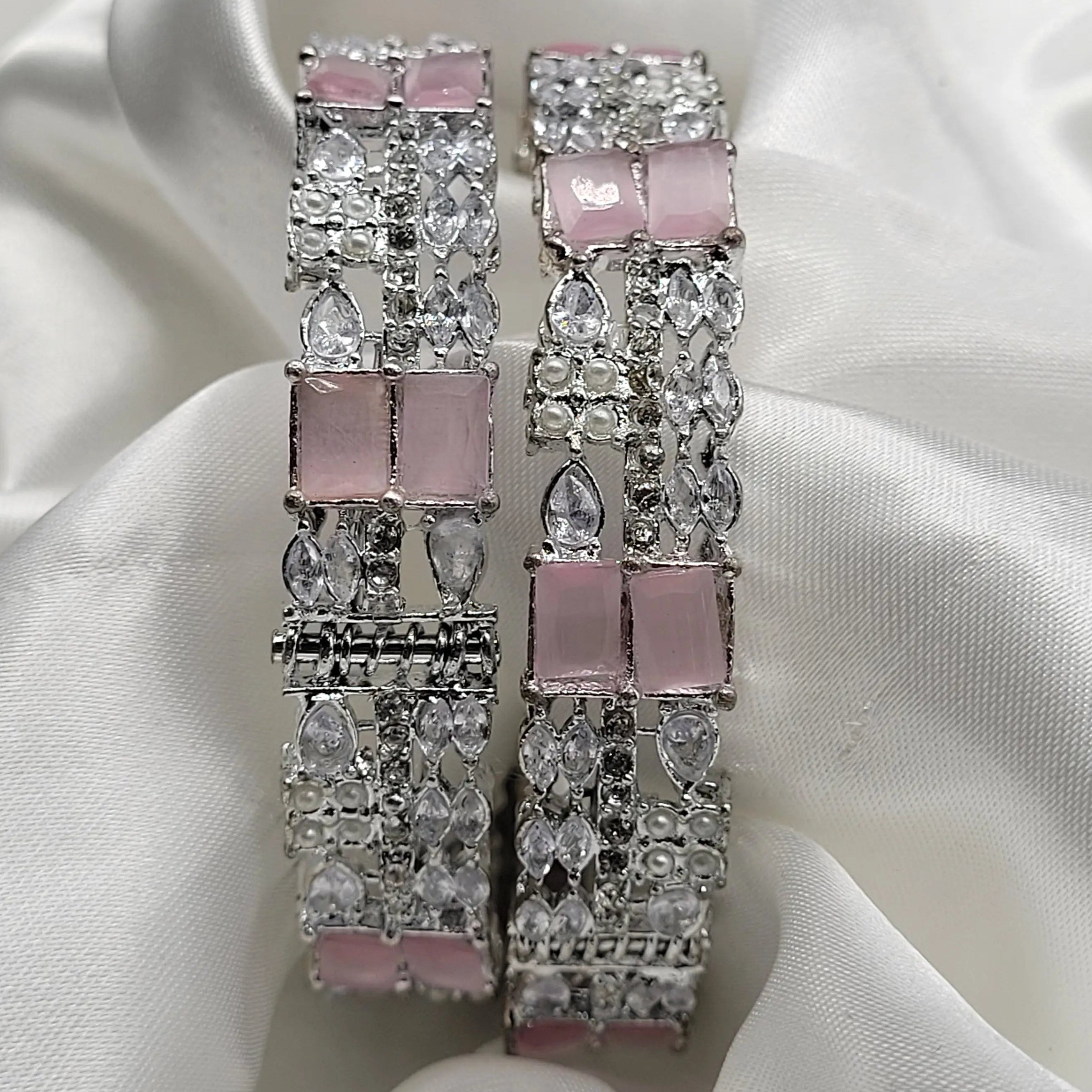 JV3021 silver openable bangles with soft pink square stones – front angle