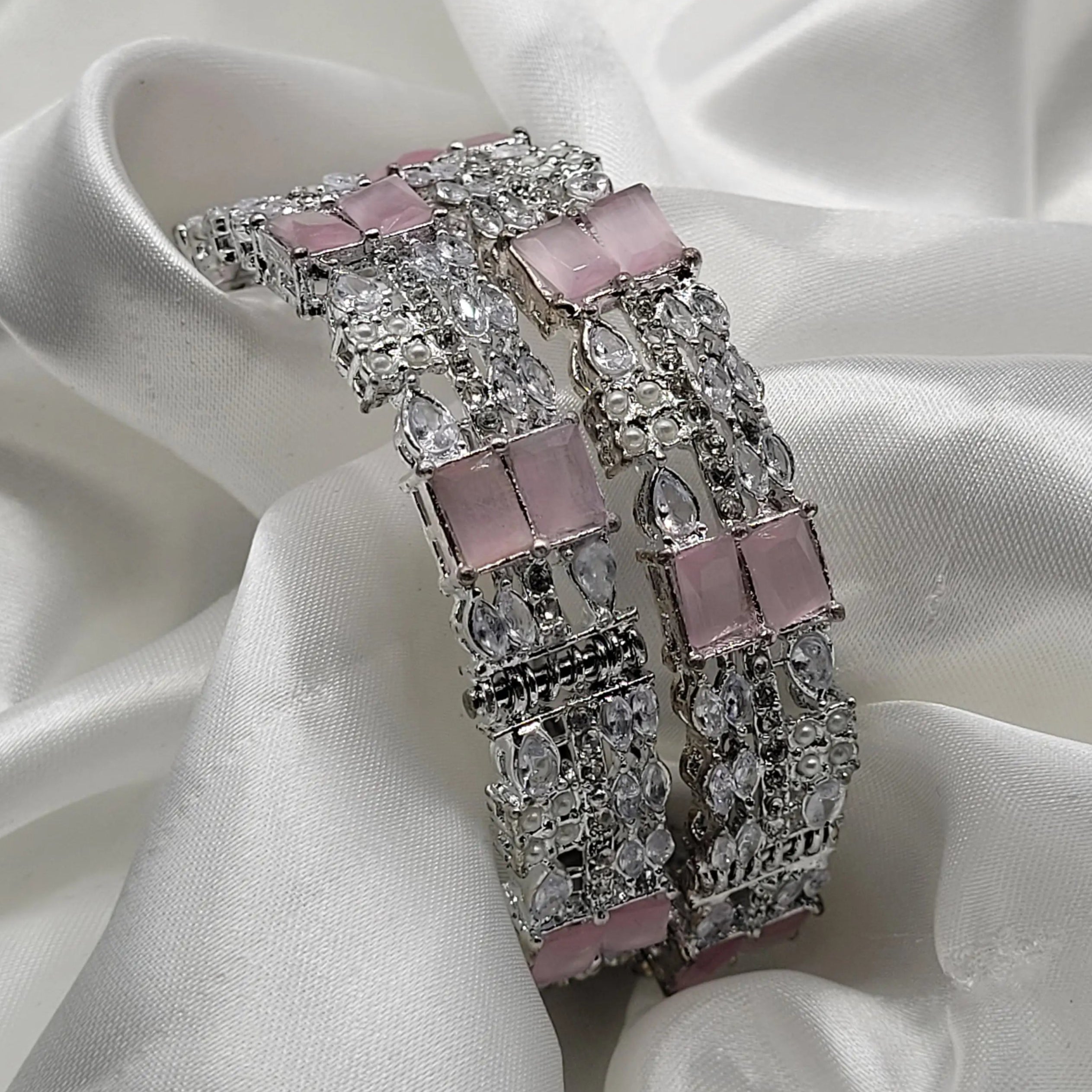 Pink pastel-stone bangles with CZ crystals – side angle