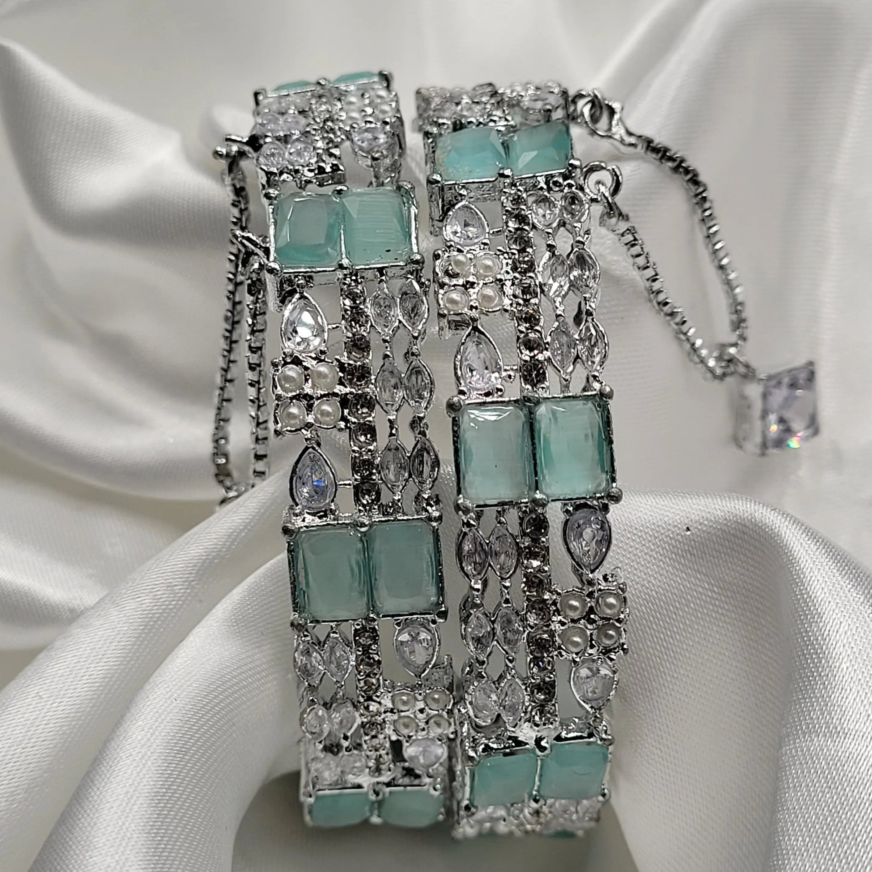 JV3021 silver openable bangles with mint green square stones – front angle