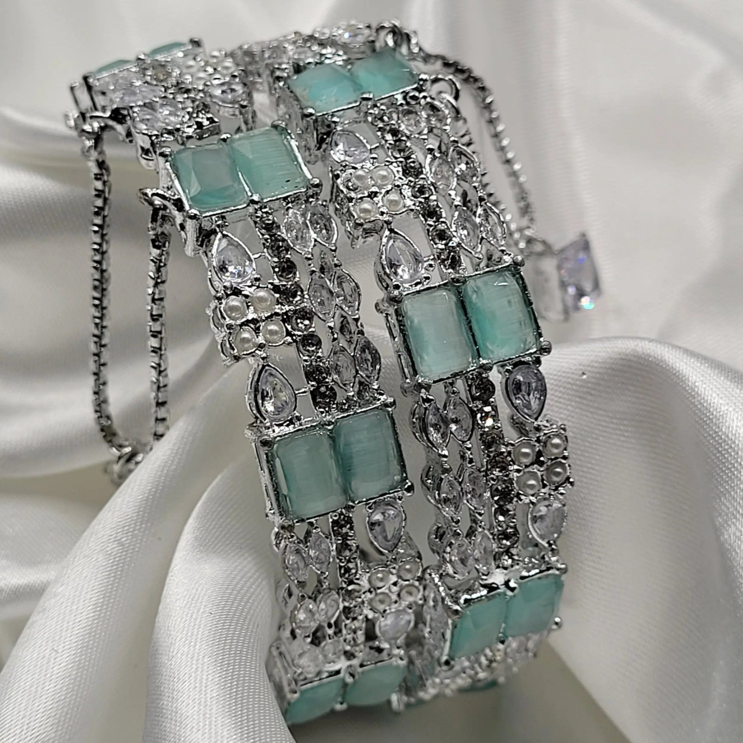 Mint green stone bangles with crystal and pearl detailing – side view