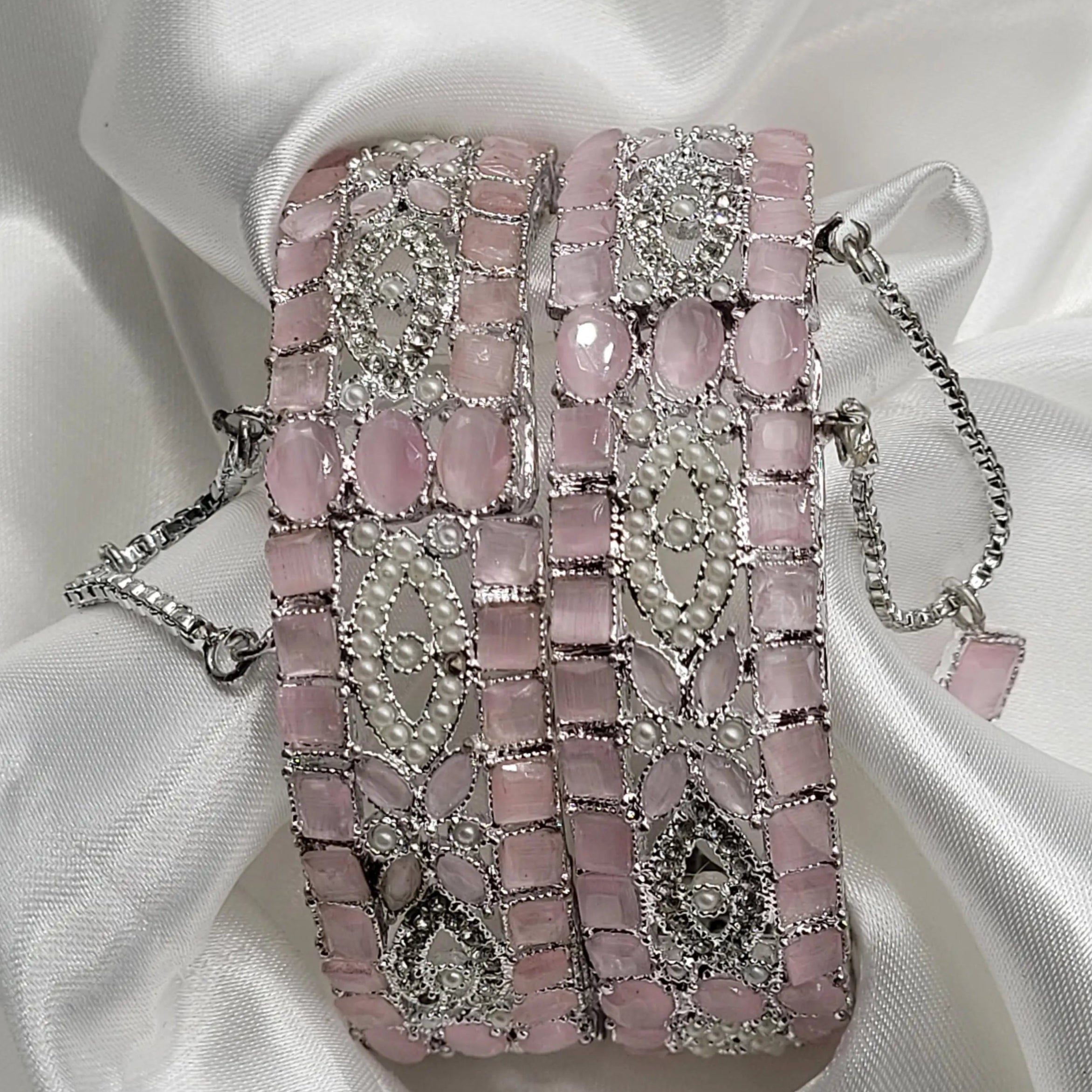 JV3022 pink stone bangles with CZ and pearl detailing – full set