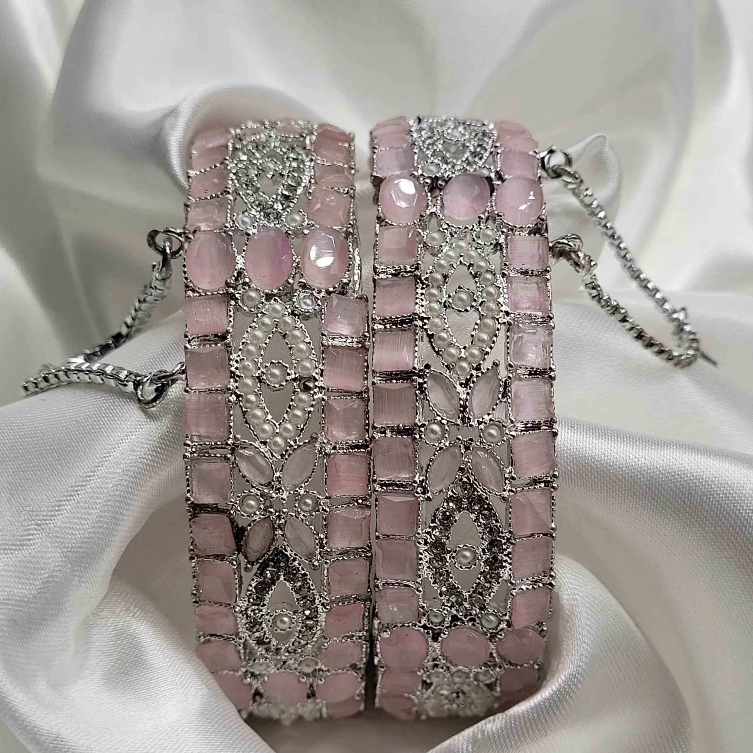 Statement bridal bangles in silver and pink stonework – front profile