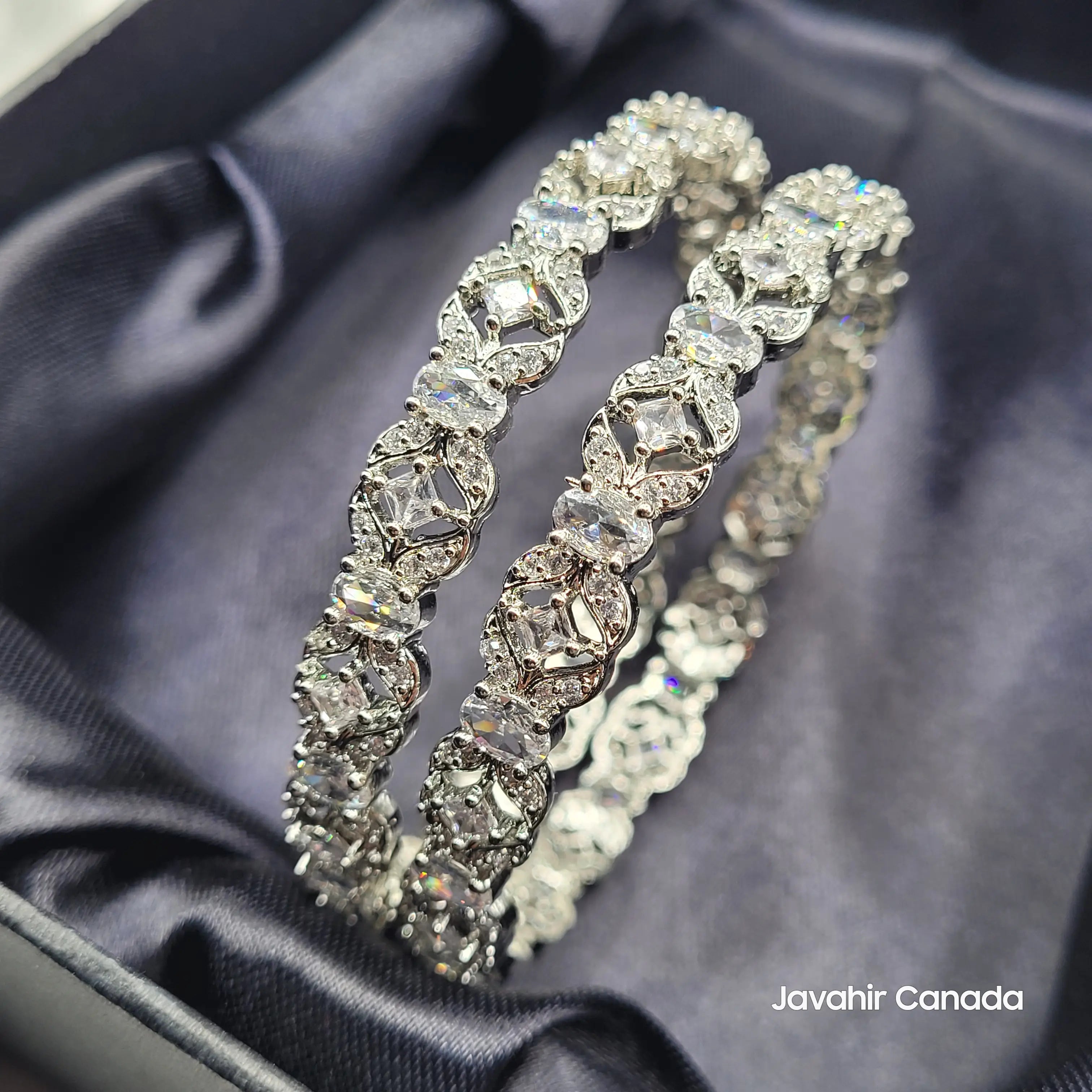 Close-up of JV3024 Silver Bangles – American Diamond Detailing
