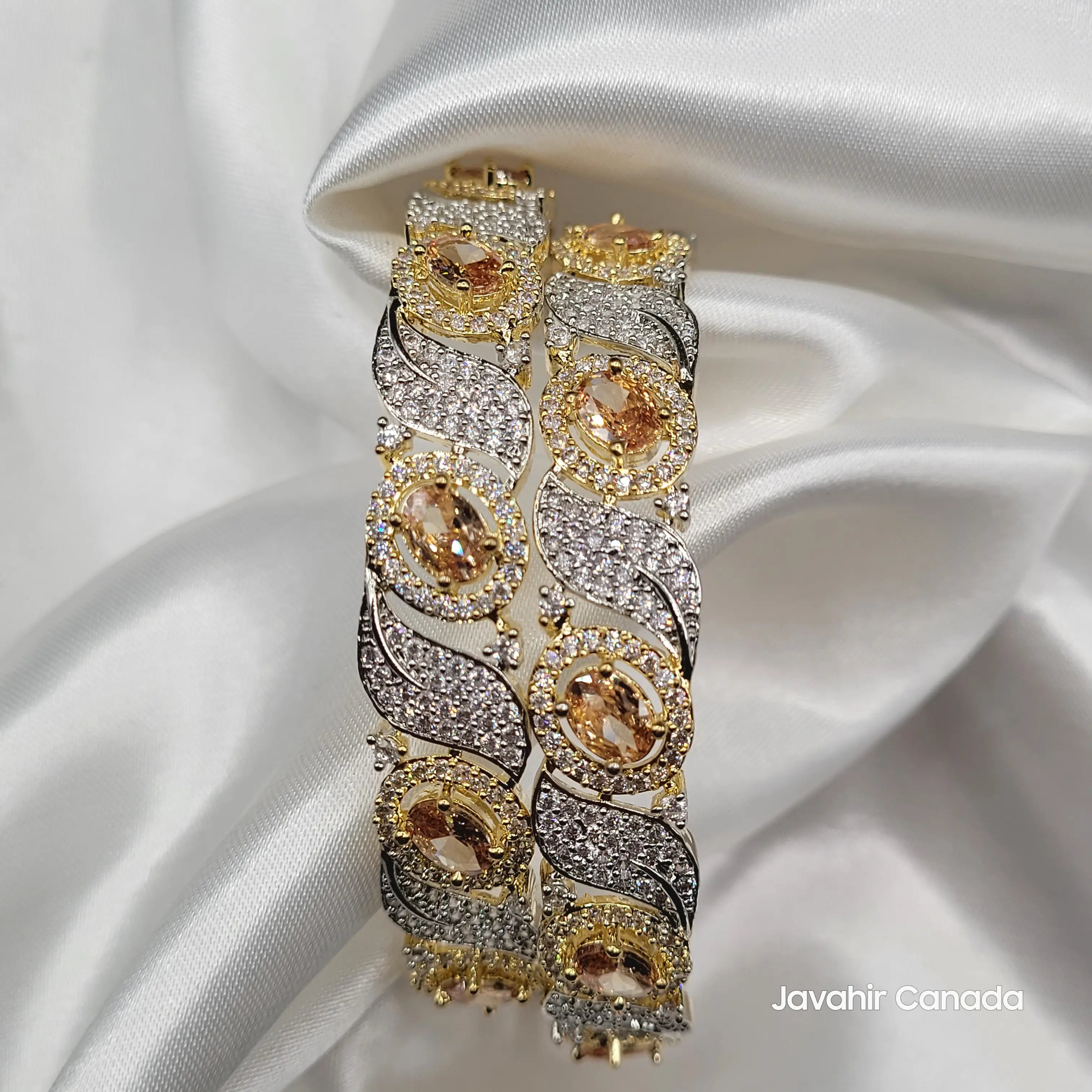 JV3025 Luxe Gold Bangles on White Silk – Full View