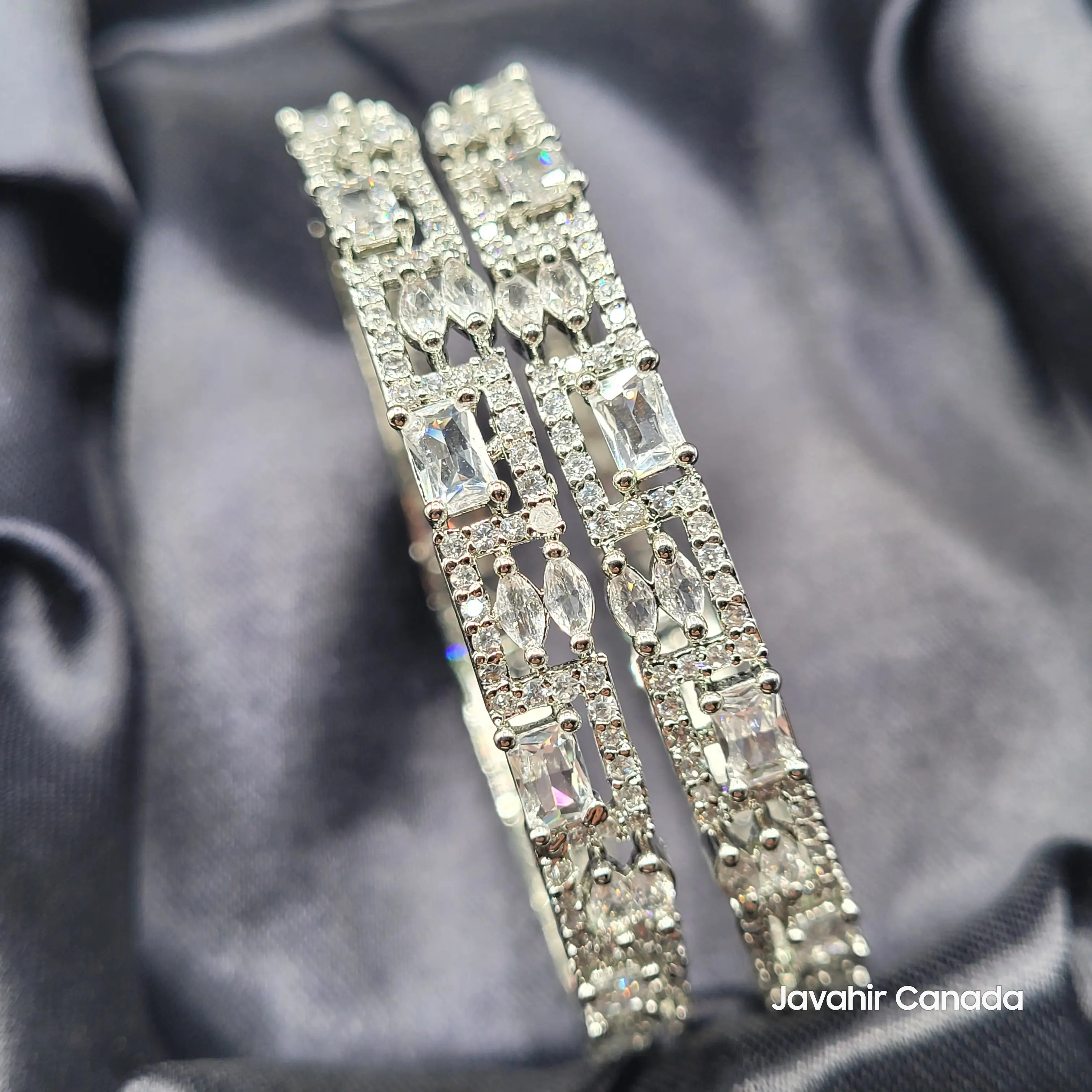 JV3026 Silver American Diamond Bangles – Full Set on Satin