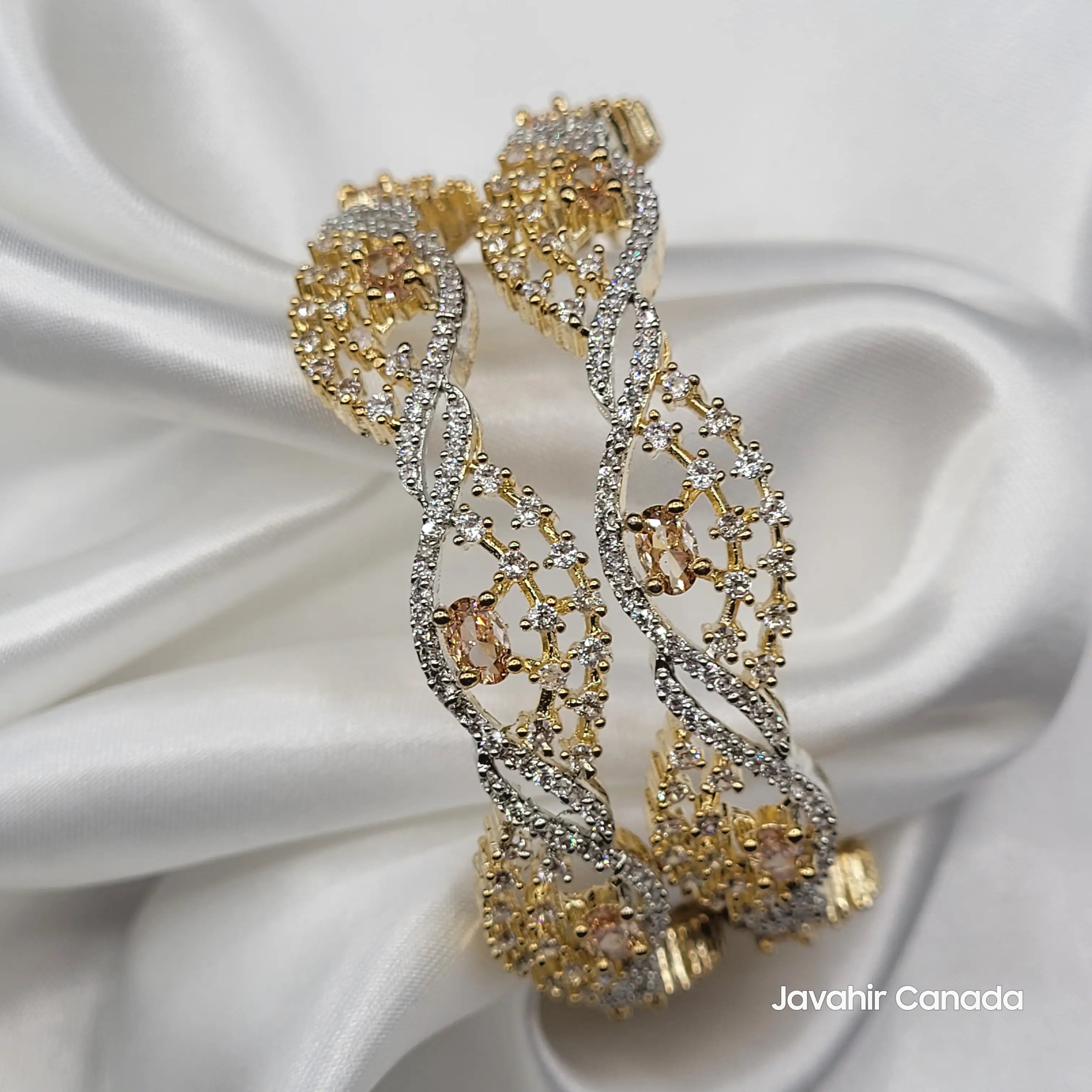 JV3027 Gold Bangles on Satin – Oval Center Stones Close-Up