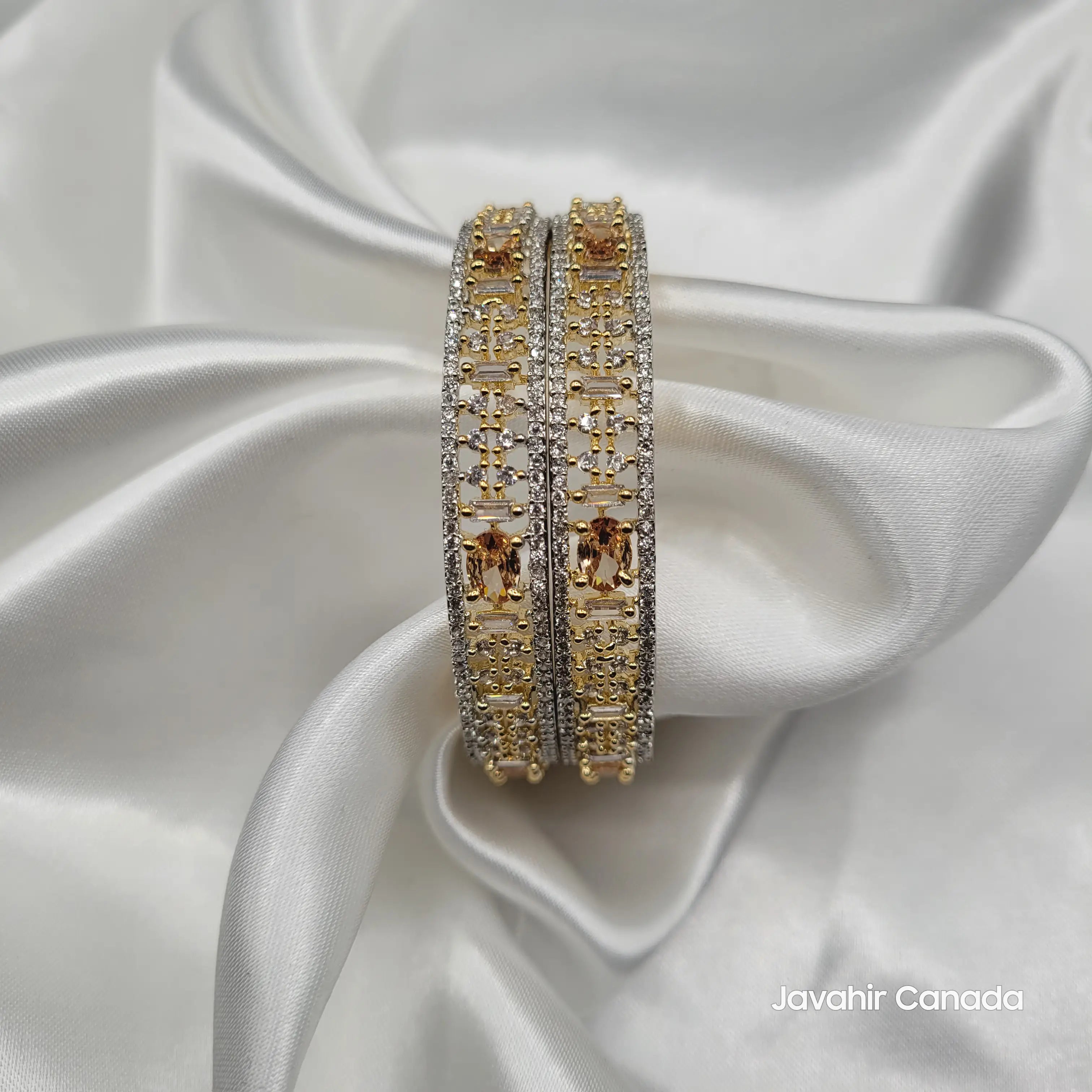 JV3028 Gold-Plated Bangles – Grid Design with Champagne Stones