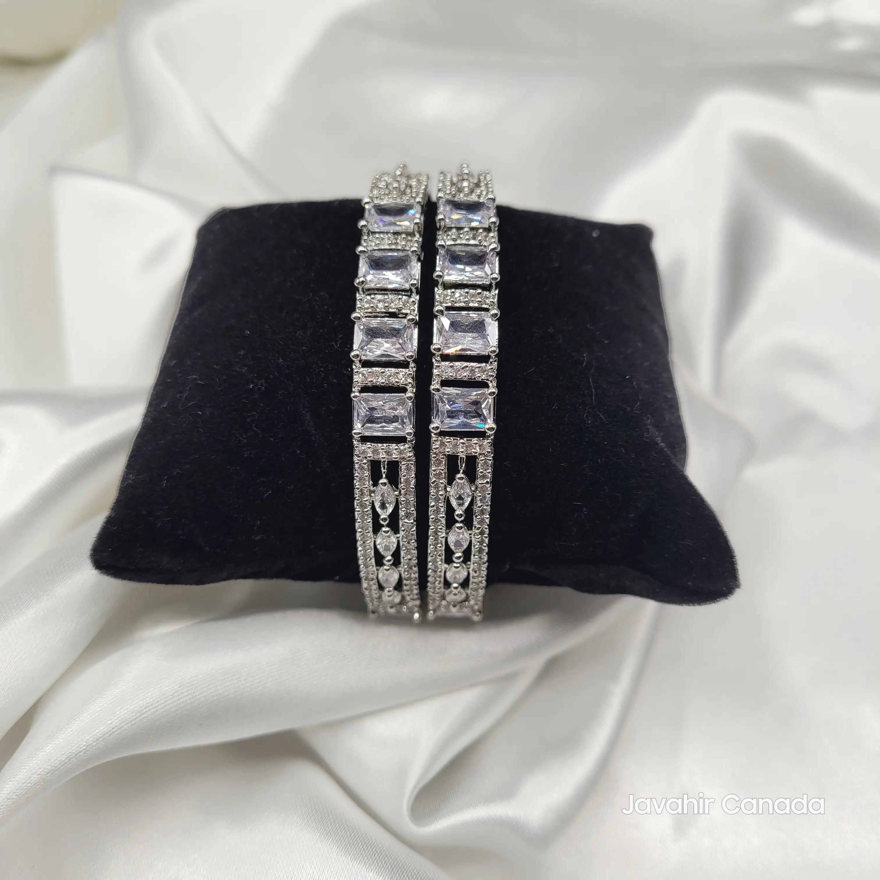 JV3029 Rhodium Bangles with Bold Square Diamond Cuts