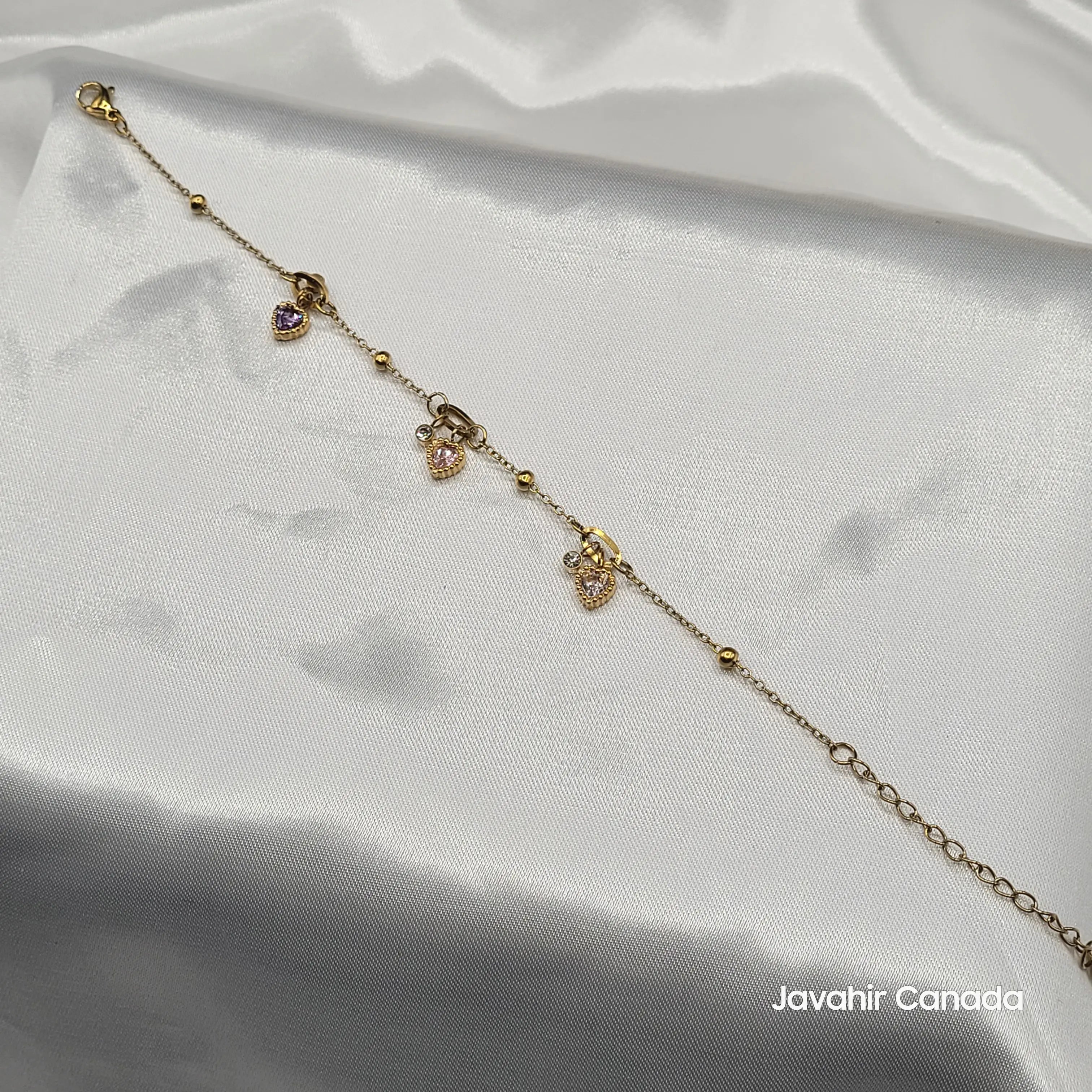 JV4006 dainty heart charm bracelet with gold chain and multicolor CZ