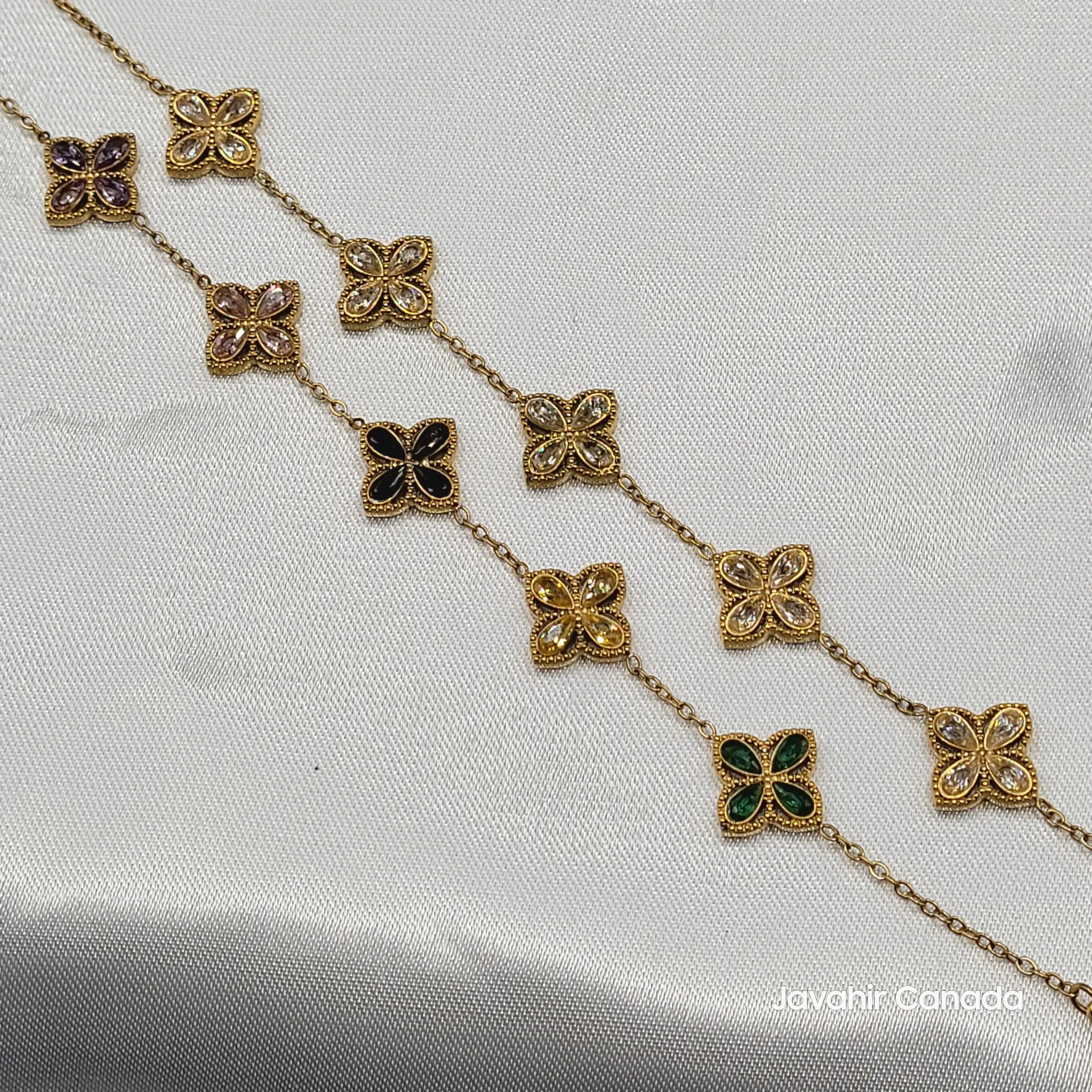Close-up of JV4011 floral motifs with encrusted petals in gold chain bracelet