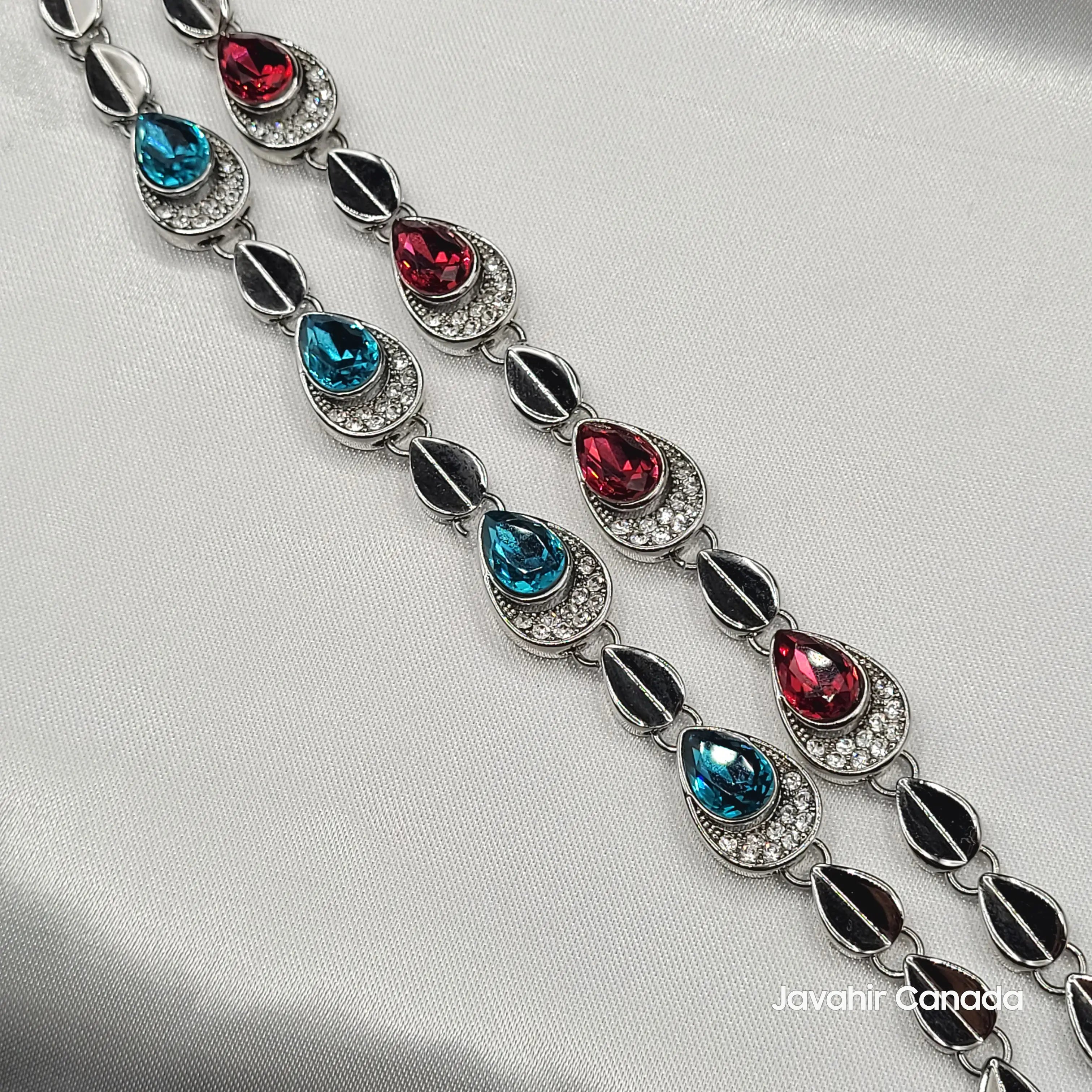 JV4015 teardrop bracelet with pink and blue CZ stones and pavé halos in silver finish
