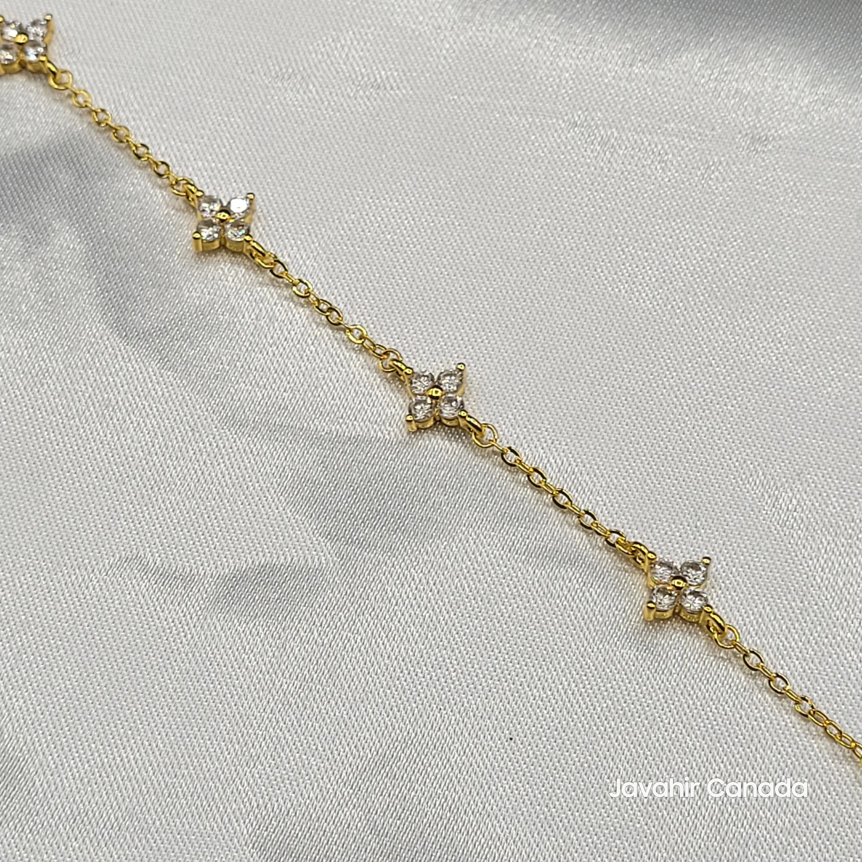 Close-up of JV4017 gold bracelet showing delicate CZ floral charms and fine chain detail