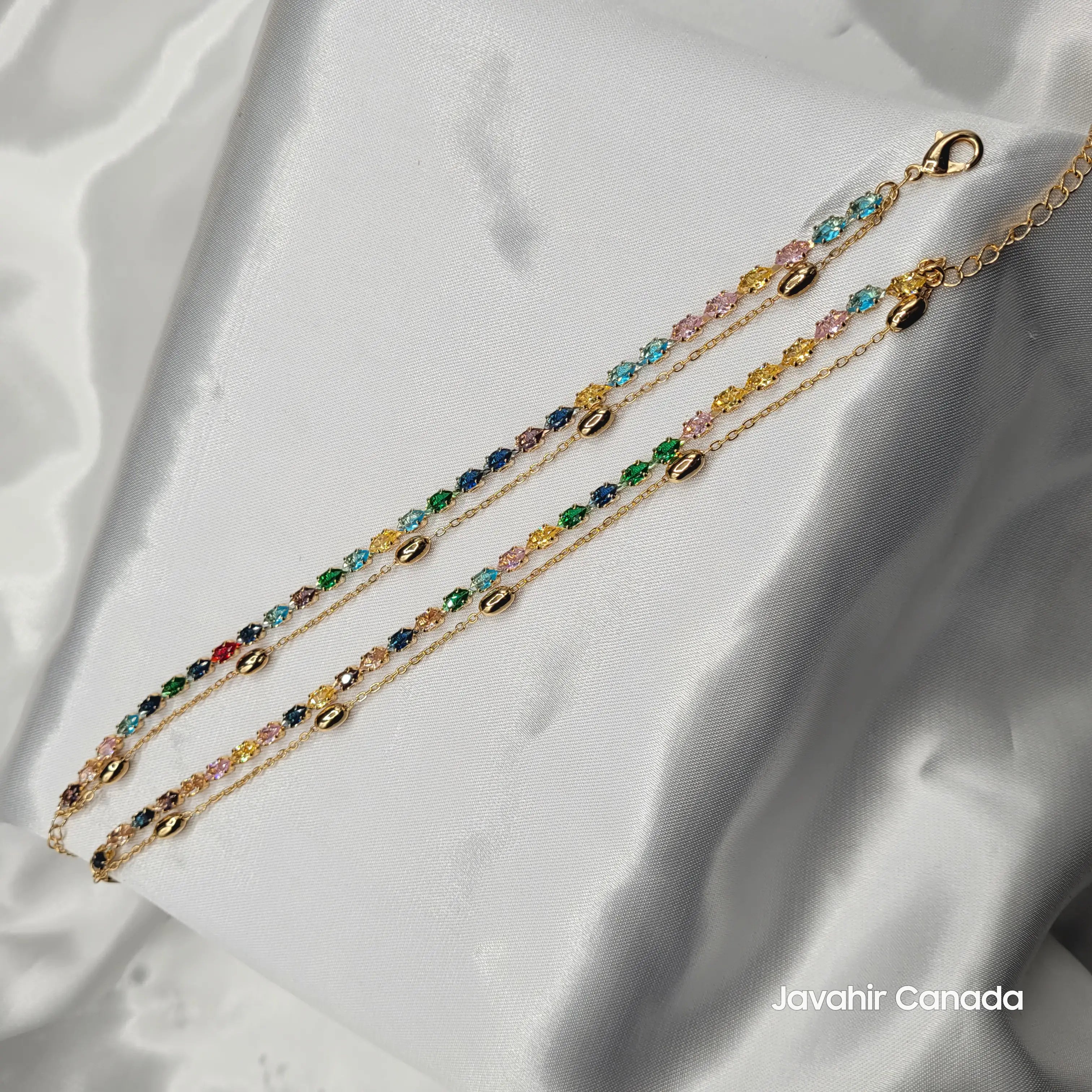 Designer anklet pair in rainbow colors and gold finish