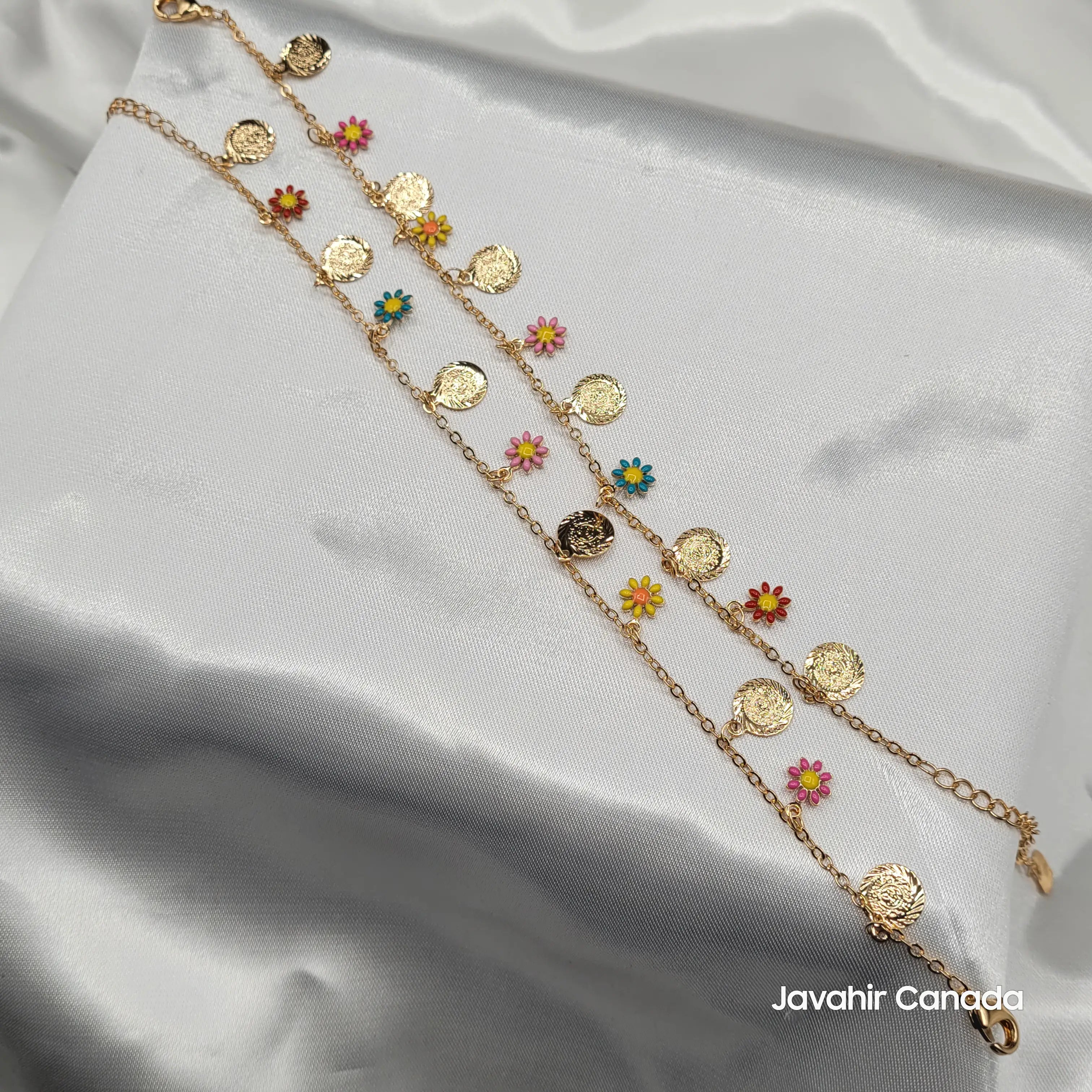 Anklet set with multicolor flowers and textured gold coins