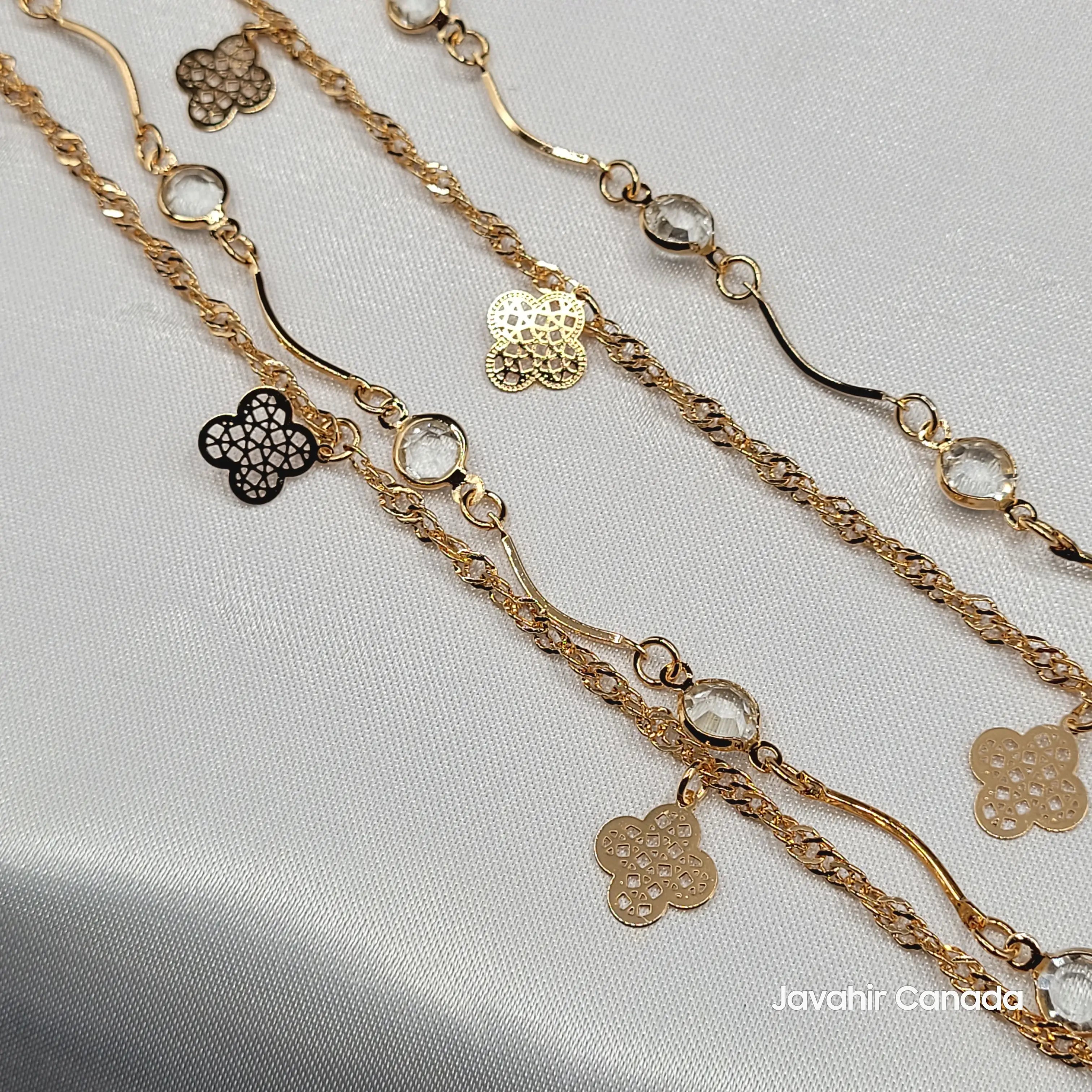 Close-up of JV5018 anklets showing intricate floral designs and embedded clear crystals