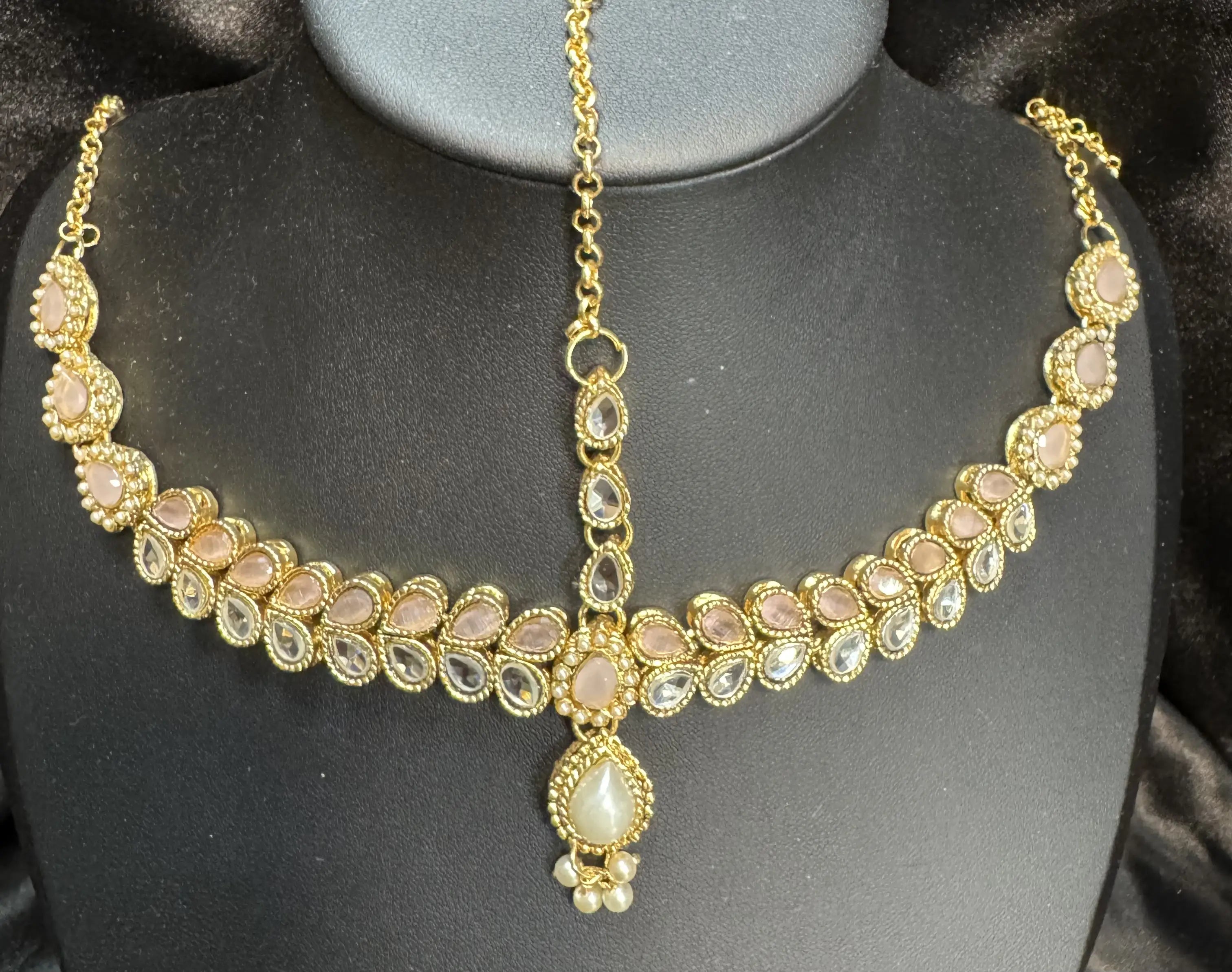 JV5100 Gold Plated Maatha Patti with Pink and White Teardrop Stones