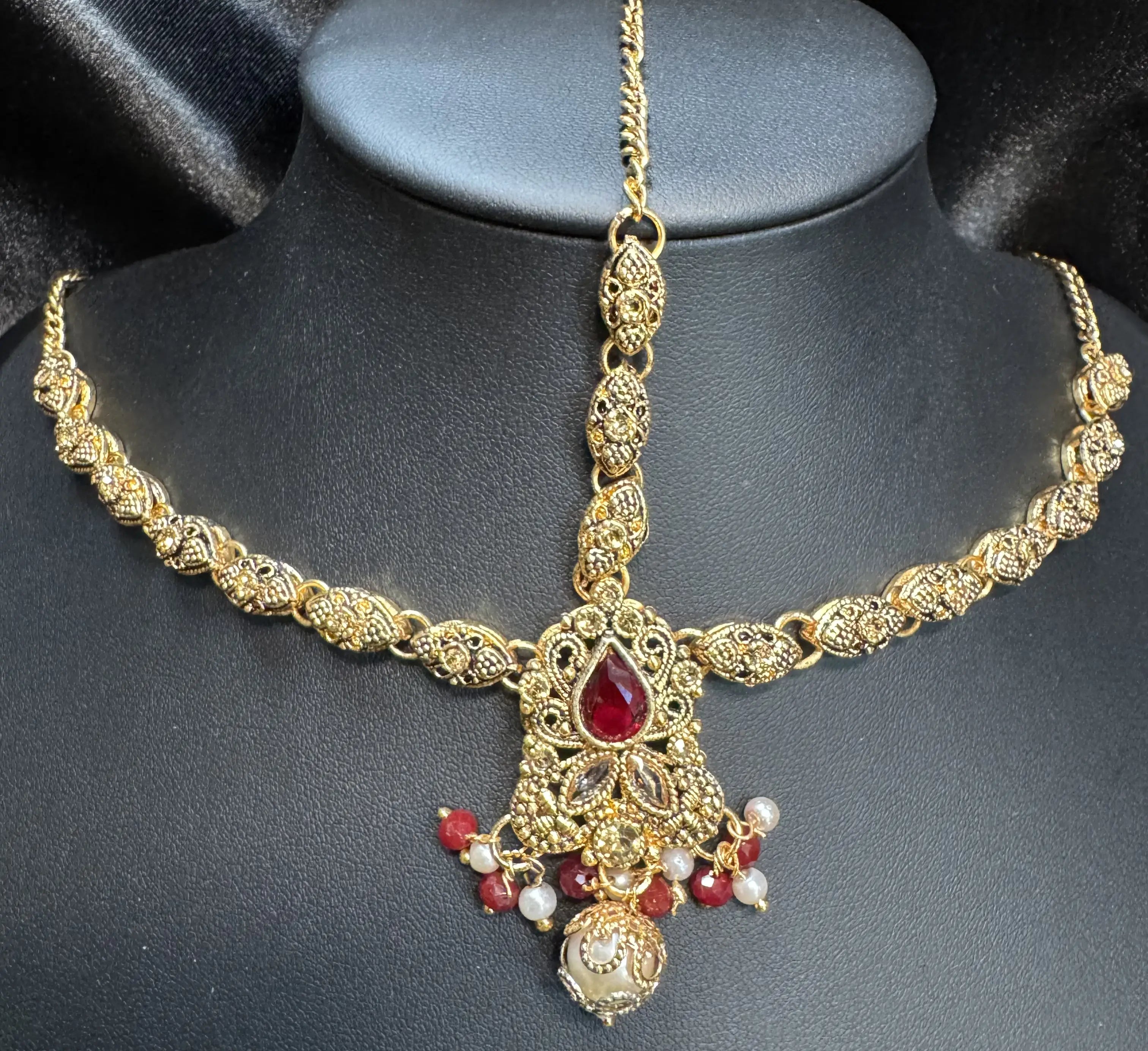 JV5101 Antique Gold Maatha Patti with Red Teardrop Stone