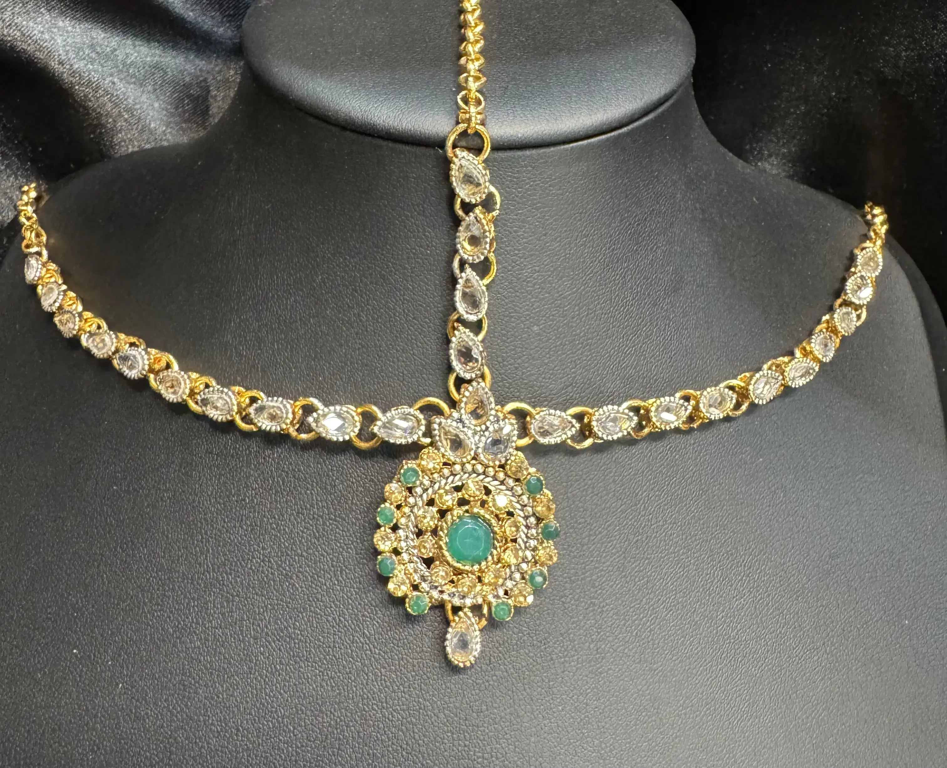 JV5102 Gold Plated Maatha Patti with Emerald Green Center