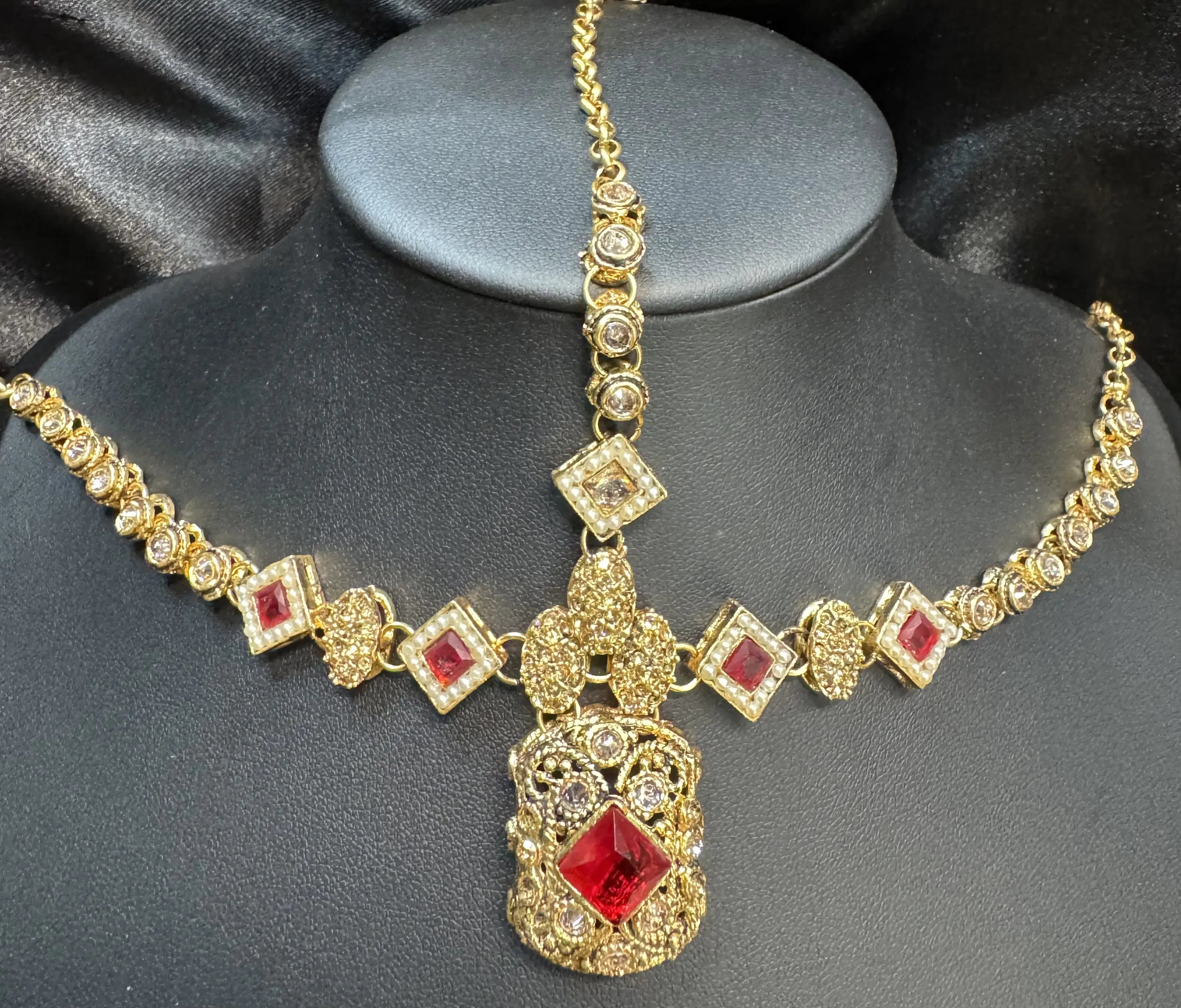 JV5104 Gold Maatha Patti with Square Red Stones and Pendant