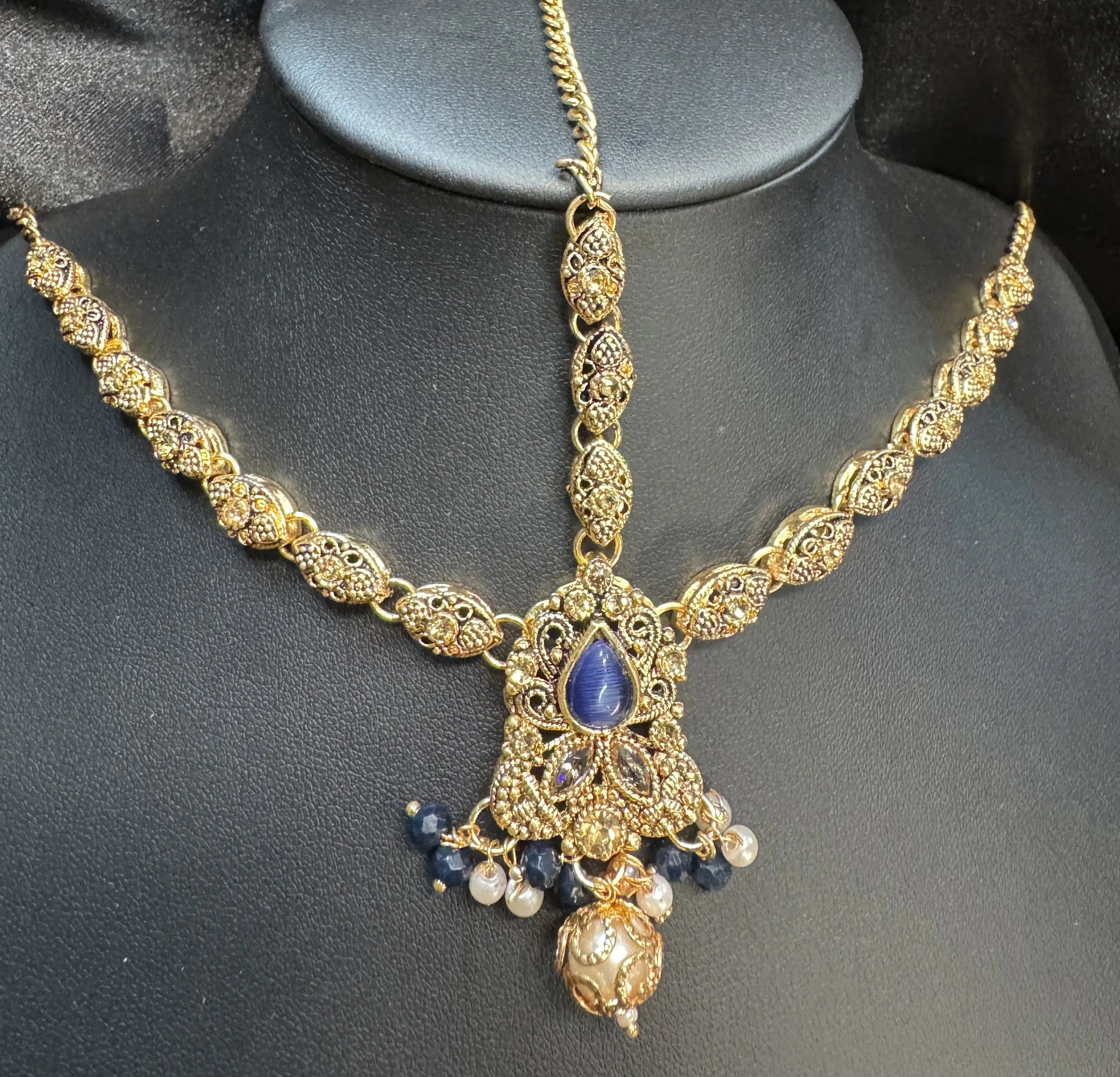 JV5105 Antique Gold Maatha Patti with Blue Teardrop Stone