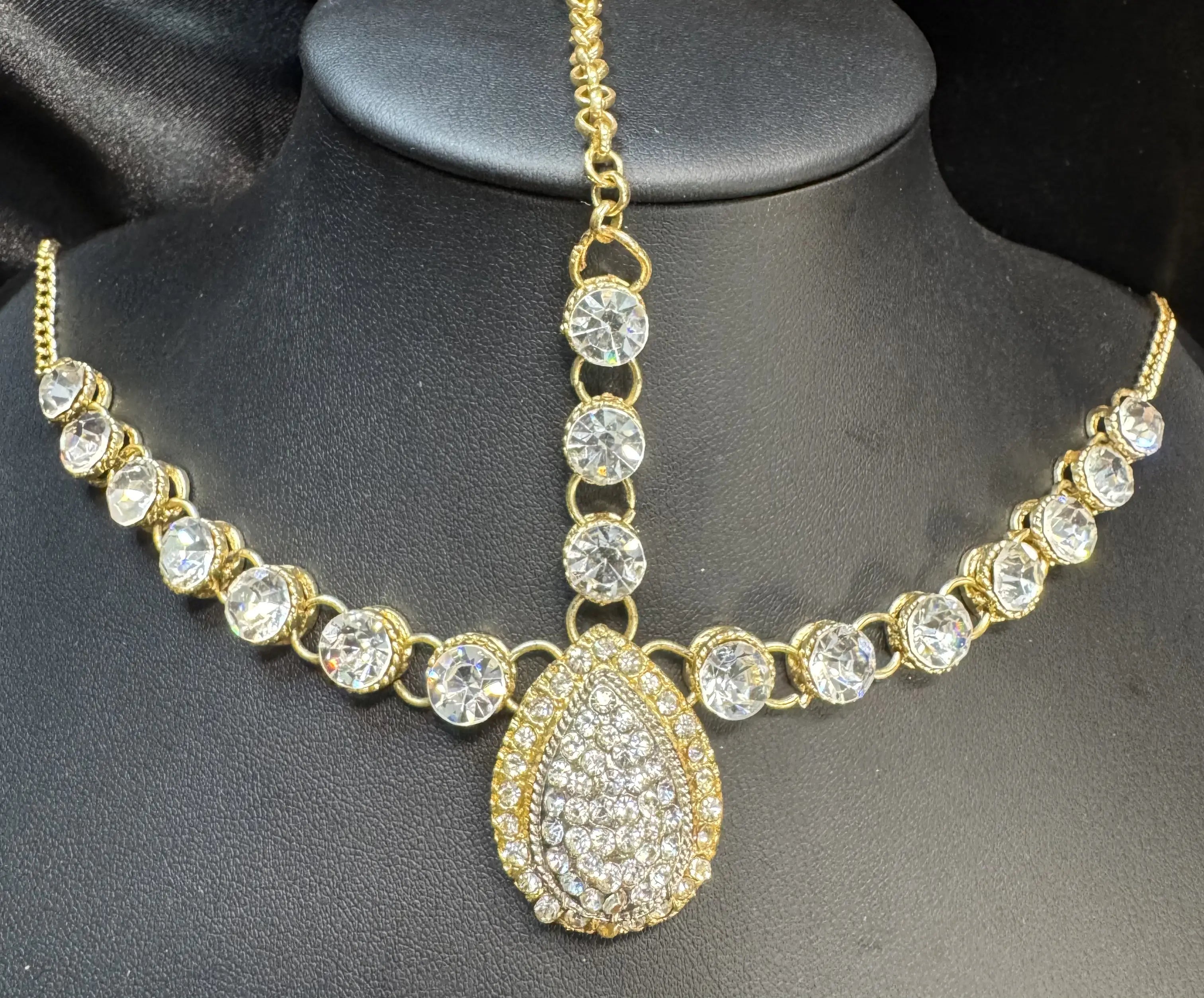 JV5108 Gold Maatha Patti with Solitaire Stones and Teardrop Pendant