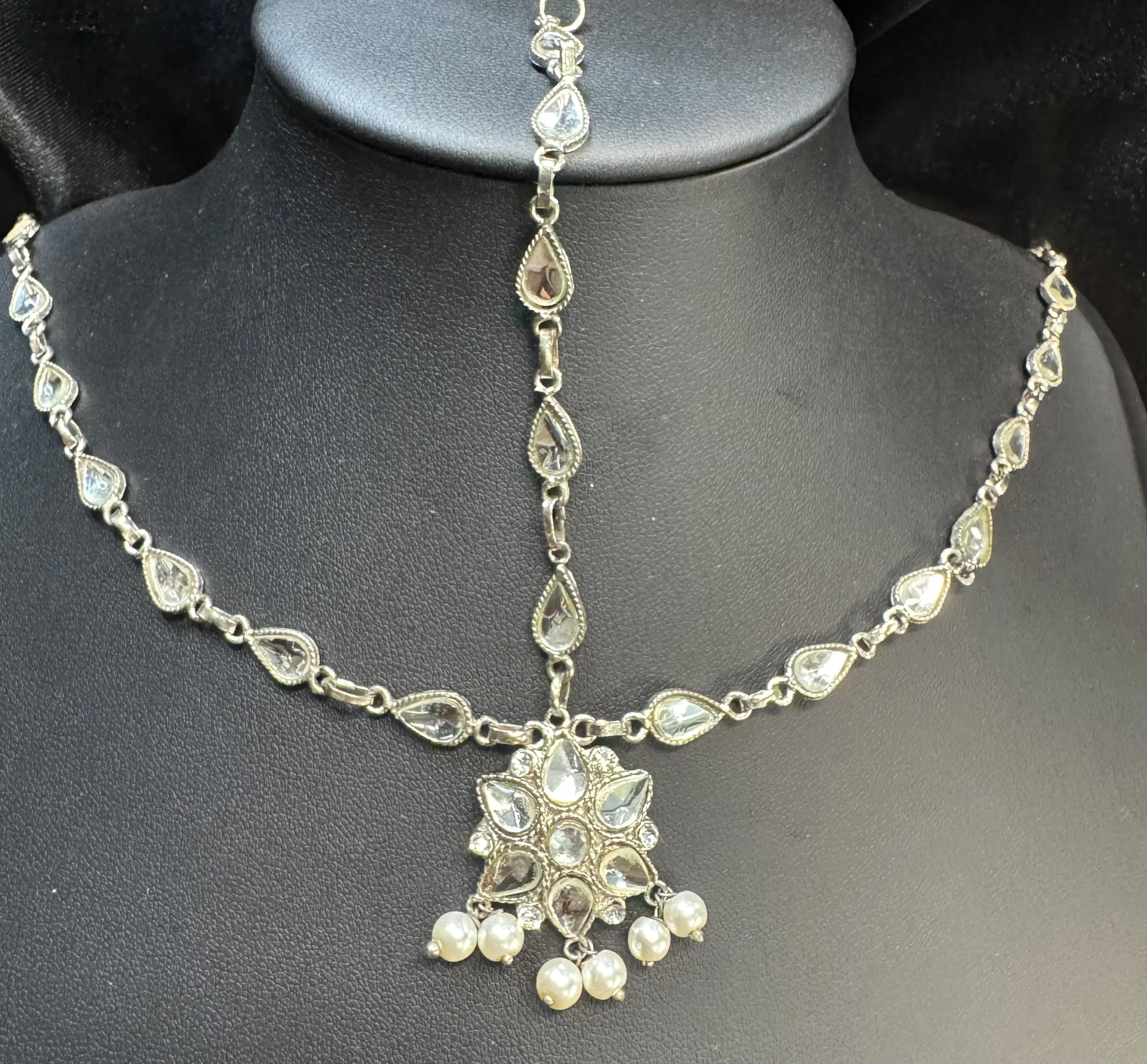 JV5111 Silver Maatha Patti with Teardrop Stones and Pearl Drops