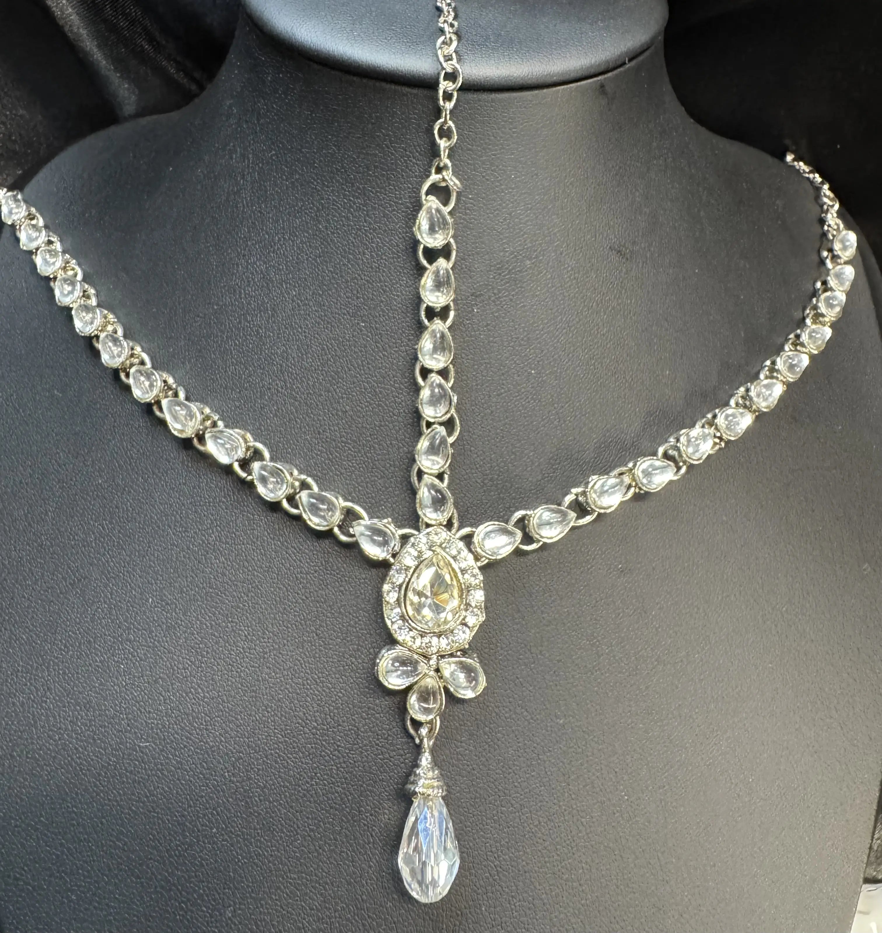 JV5112 Silver Maatha Patti with Teardrop Stones and Crystal Drop