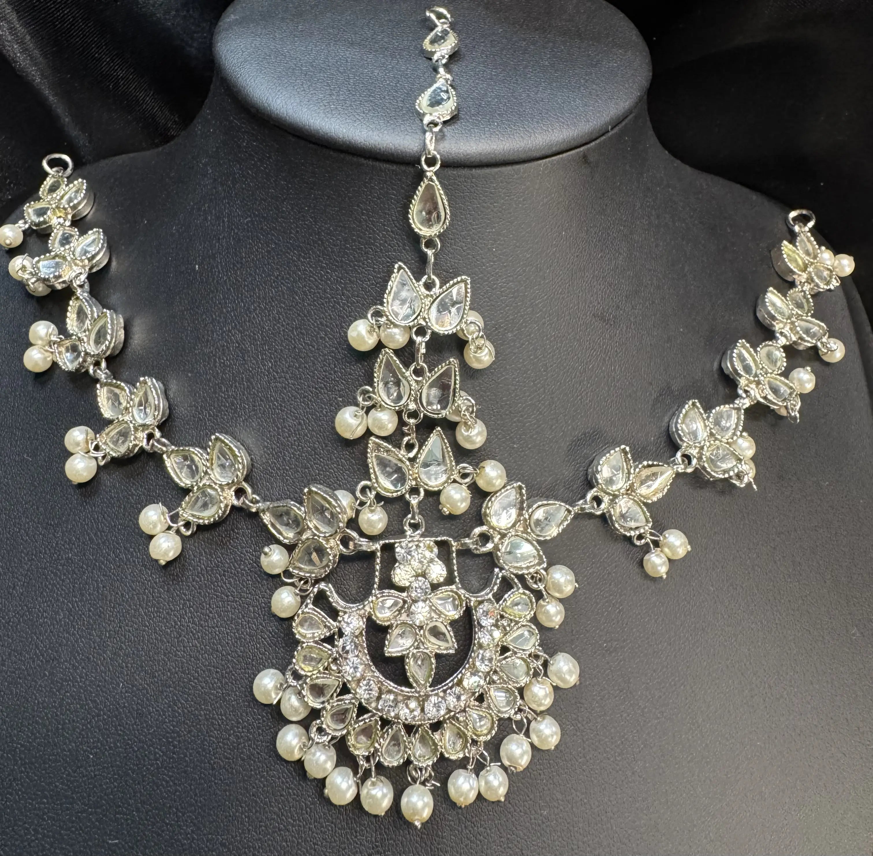 JV5113 Silver Maatha Patti with Chandbali Pendant and Pearls