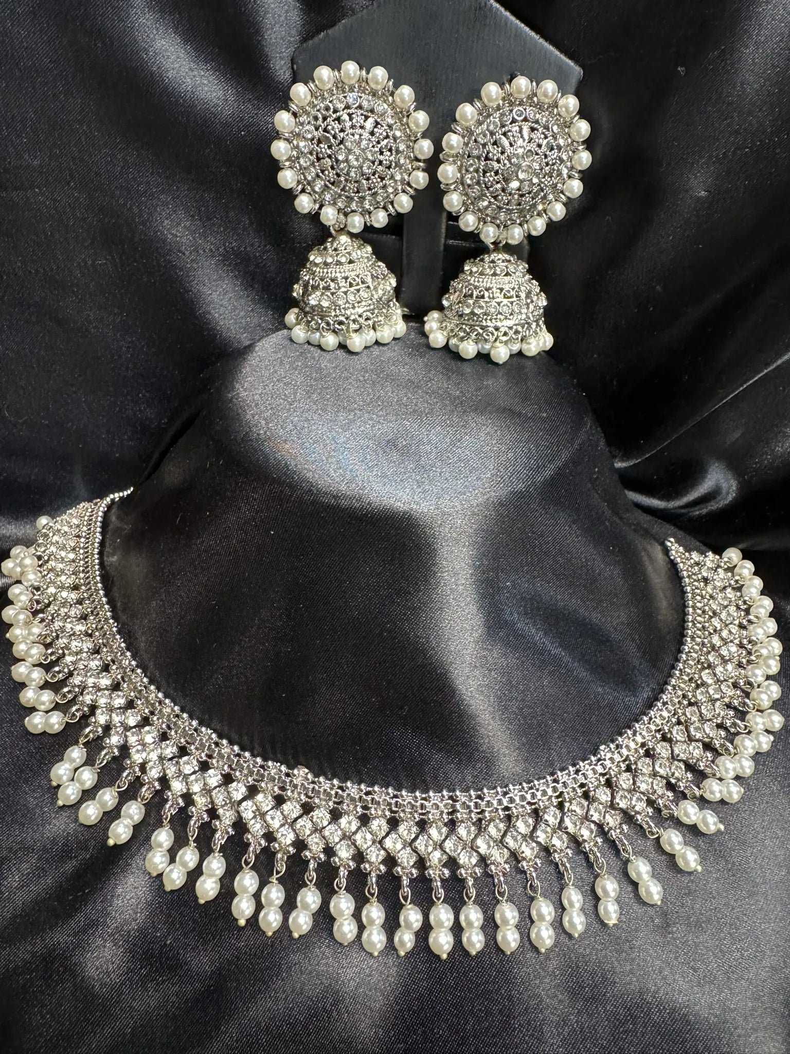 Full front display of JV59 necklace set with clustered pearl drop fringe and embellished earrings