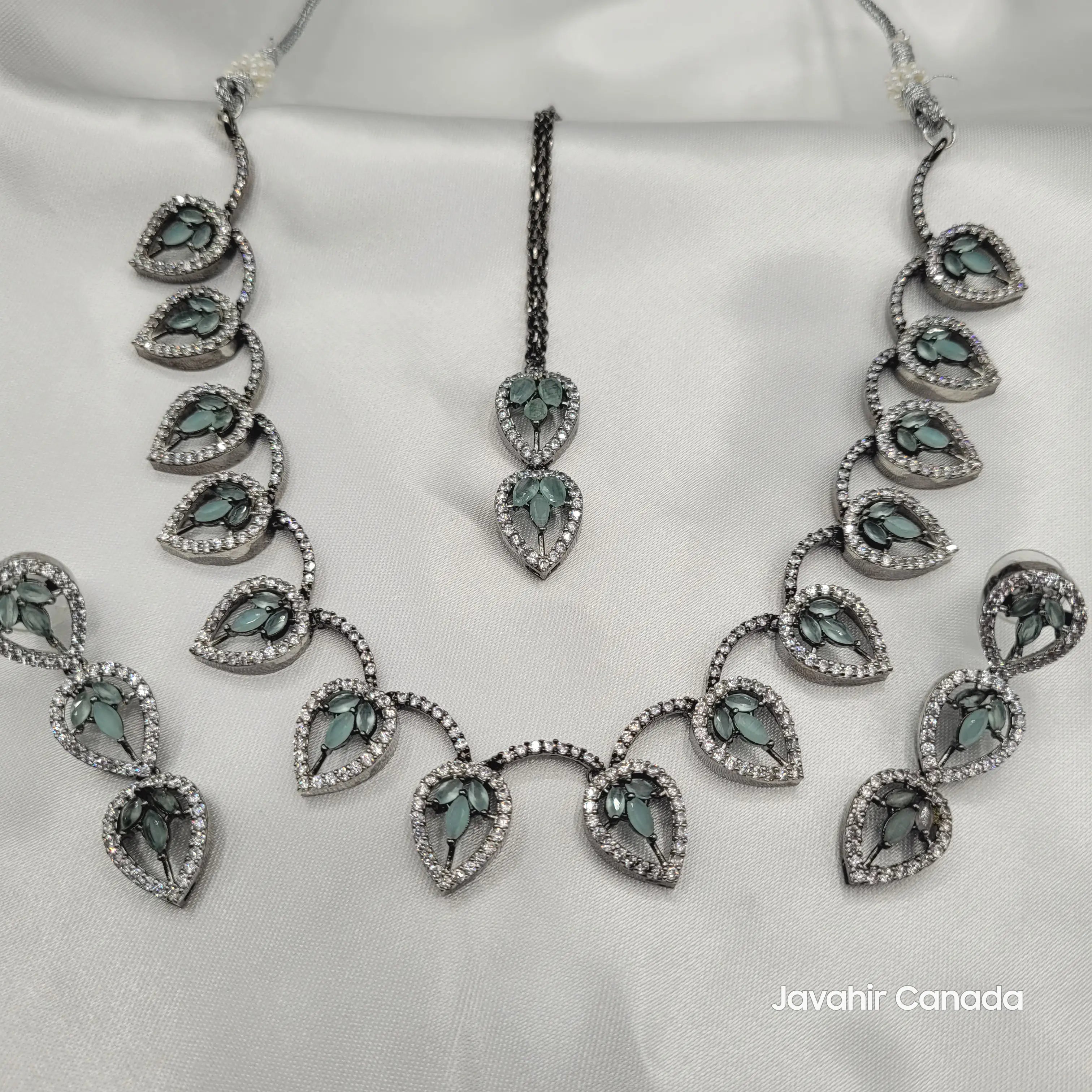 Full JV08 necklace set with mint marquise leaves and American diamonds
