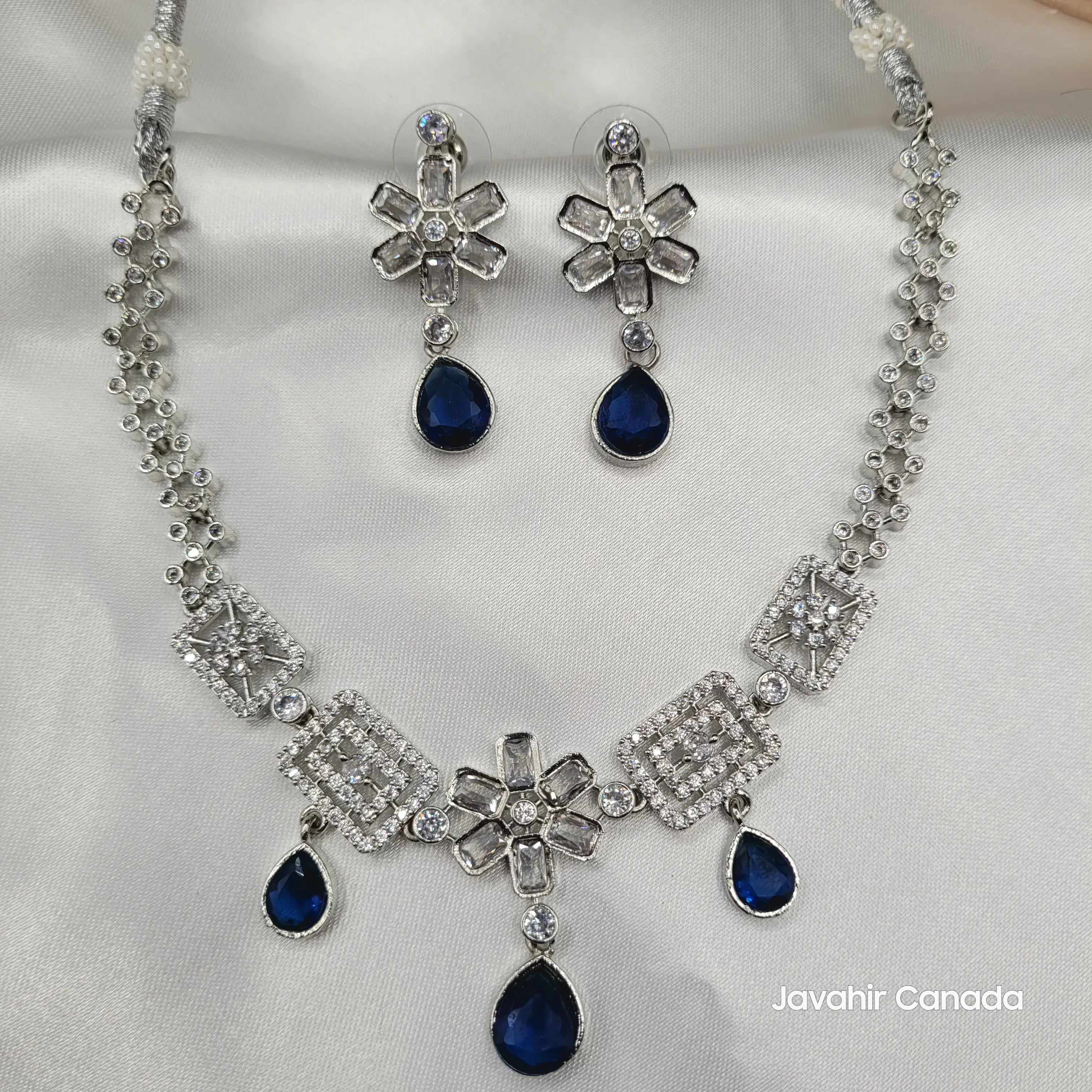Full JV14 set in sapphire blue with baguette CZ and gemstone drops