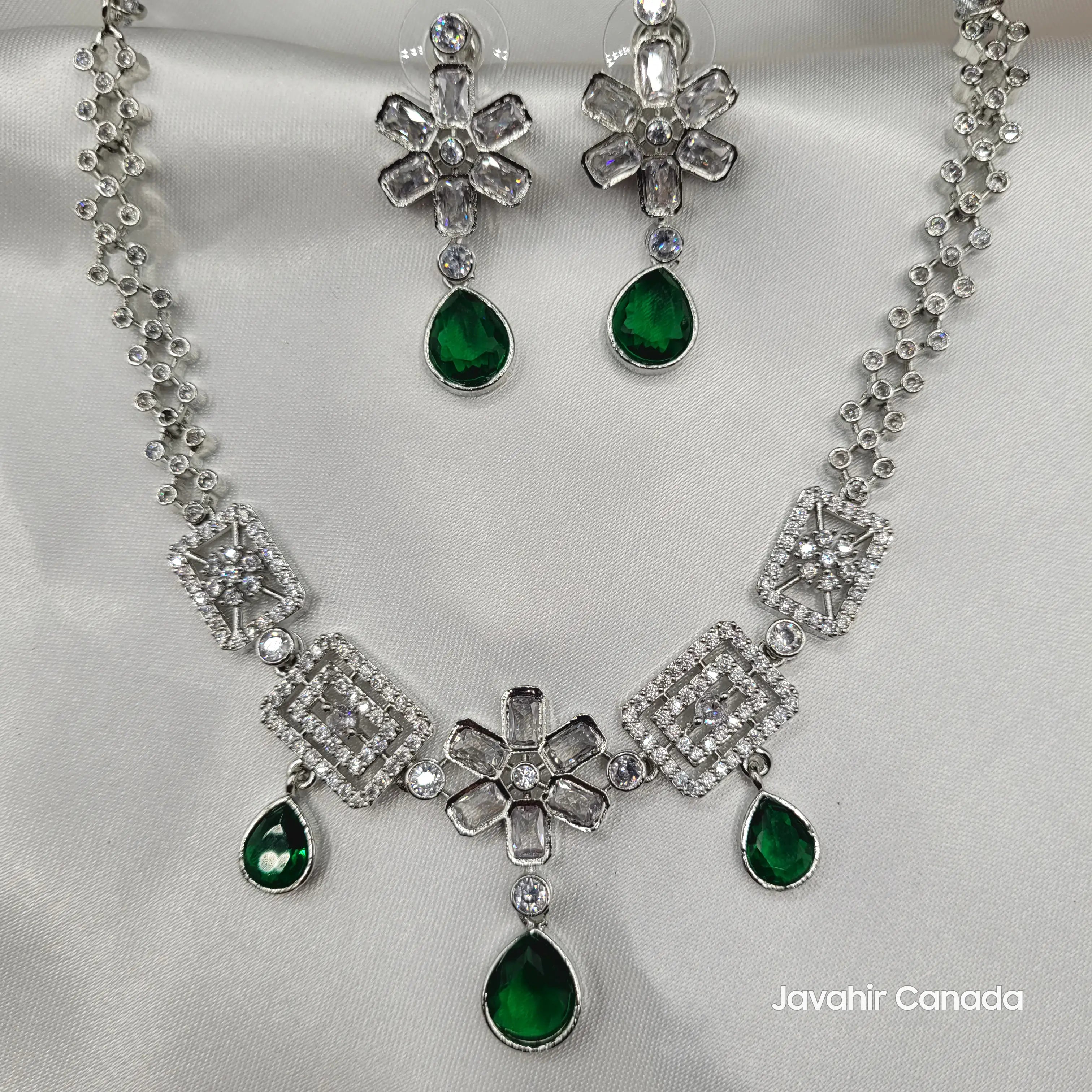 Full emerald green JV14 necklace and earrings with American diamonds