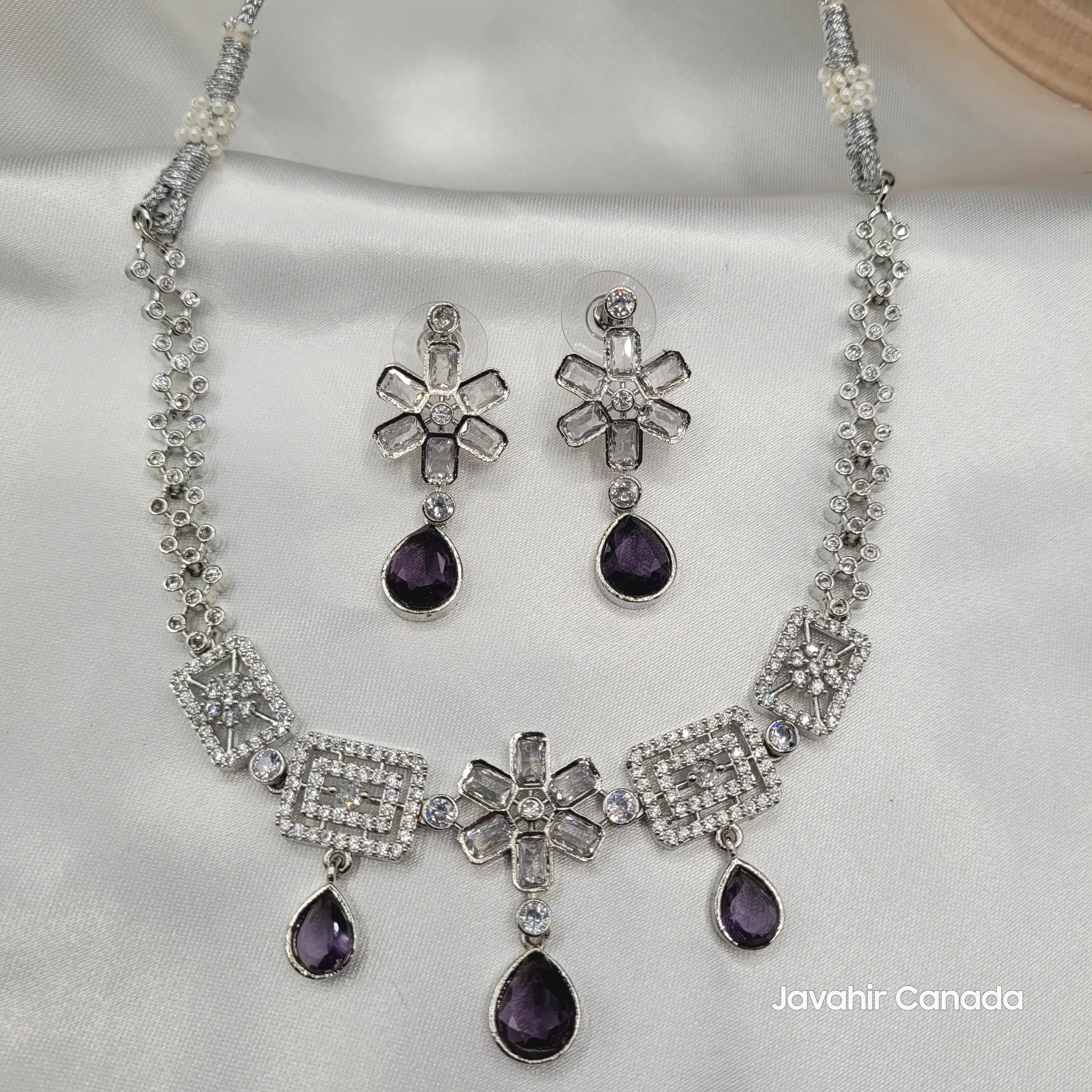 Complete JV14 necklace set in amethyst purple with American diamond shine