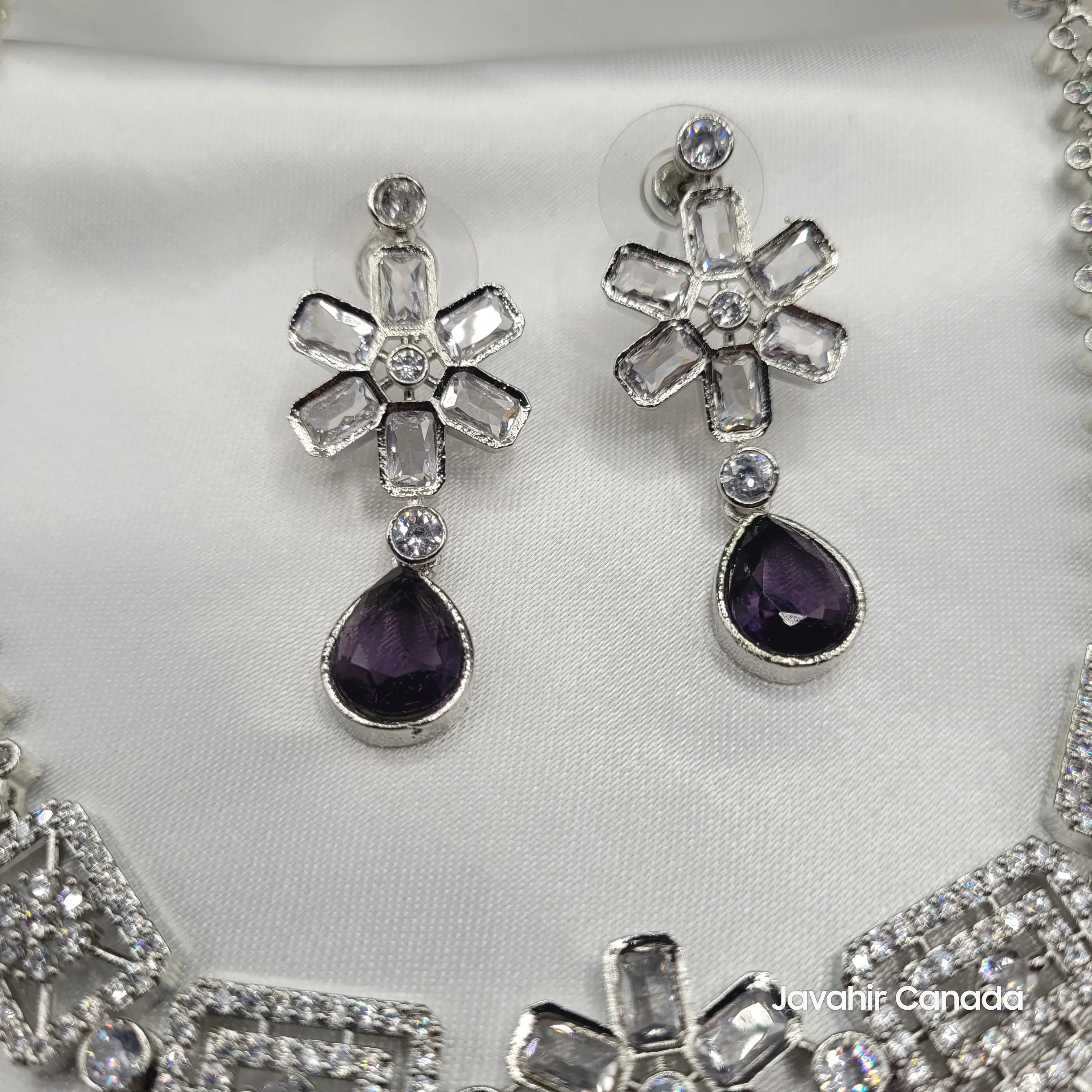 Amethyst purple teardrop earrings with CZ floral accents