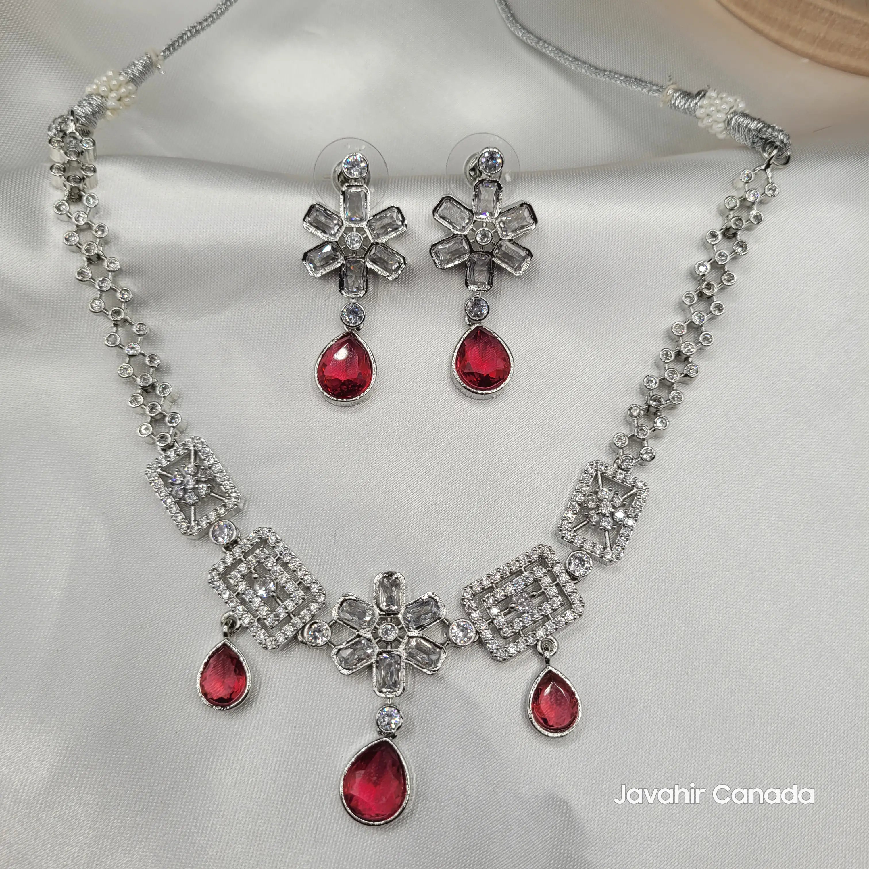 JV14 full necklace set in ruby red with silver finish and CZ teardrops